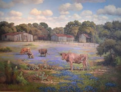 "Encanto rural de Texas"  Bluebonnets y Longhorns cerca de Kendalia Texas Pintura