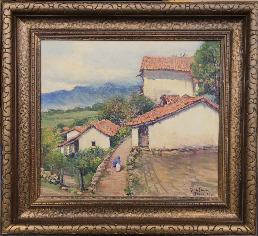 Rolla S. Taylor Landscape Painting – „TAXCO“ MEXICO 1935 Frühe mexikanische Villiage-Szene