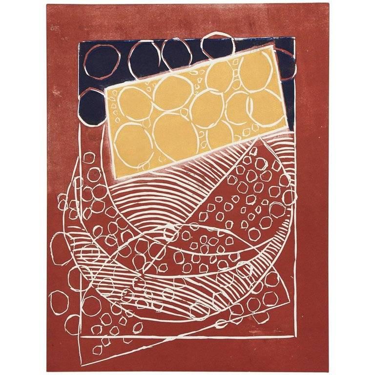 Wyona Diskin Abstract Print - Ocher And Blue Circles On Brick