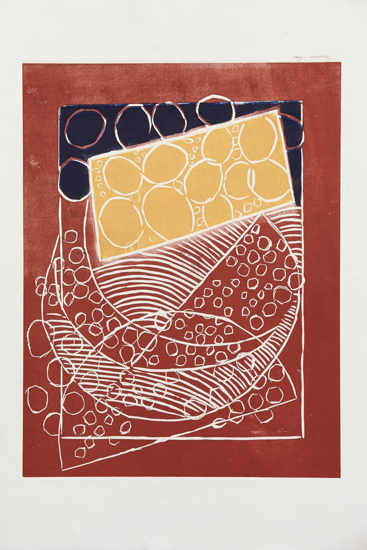 Ocher And Blue Circles On Brick - Print by Wyona Diskin