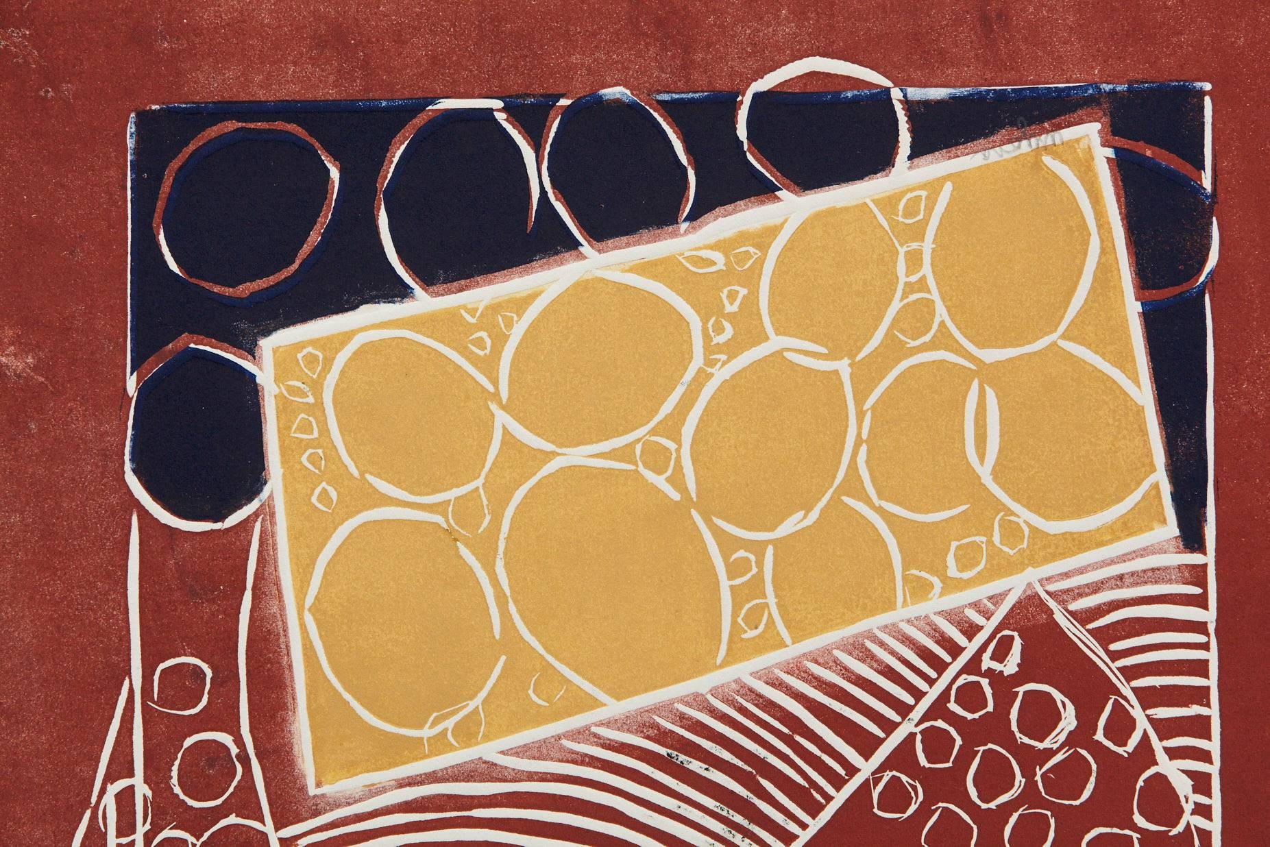 Ocher And Blue Circles On Brick - Abstract Geometric Print by Wyona Diskin
