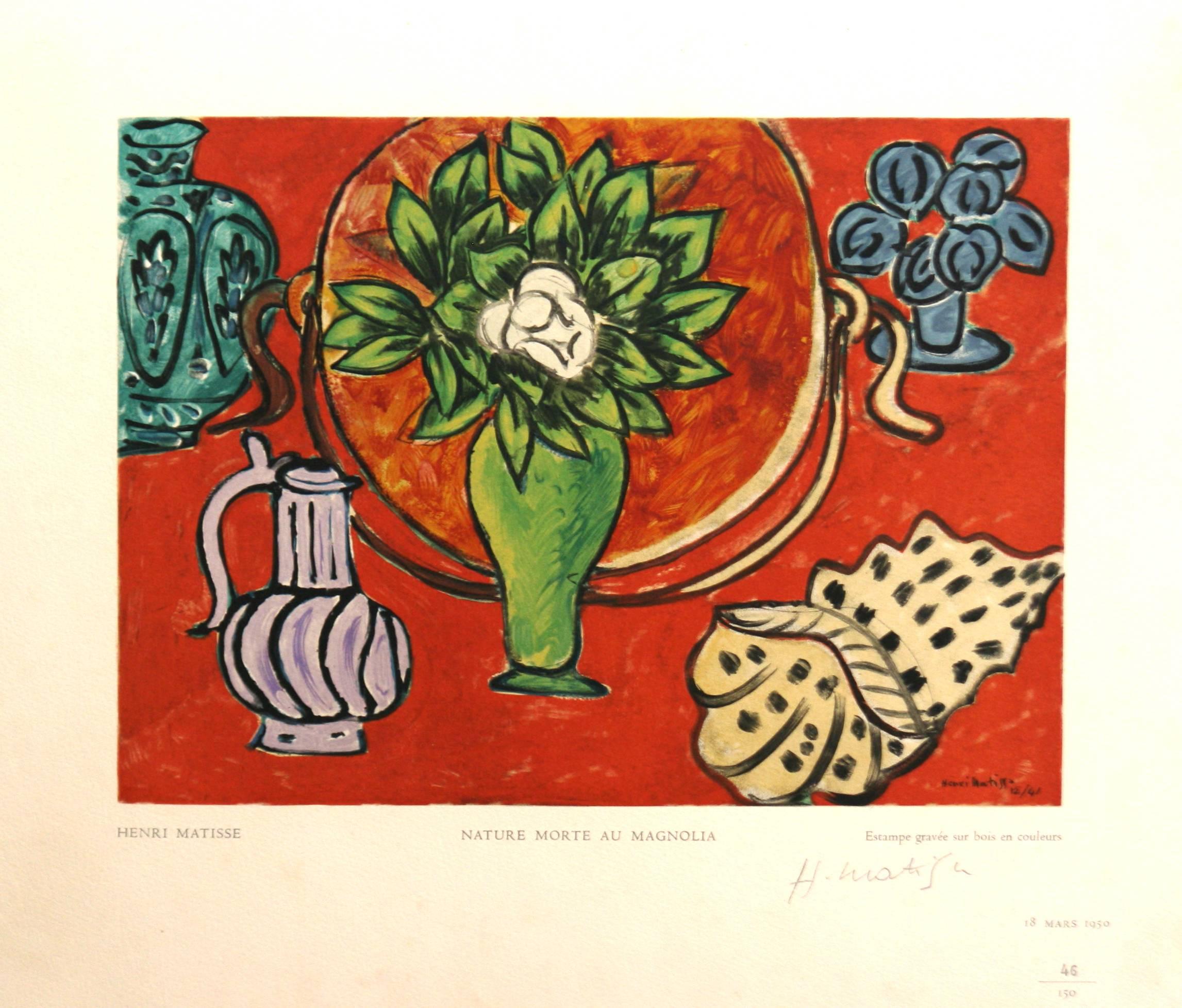 (after) Henri Matisse Still-Life Print - Nature Morte au Magnolia Henri Matisse wood engraving Estampe Robert Rey, 1950