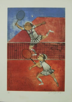 Vintage Two Girls Playing Tennis by Boulanger original color lithograph limited edition