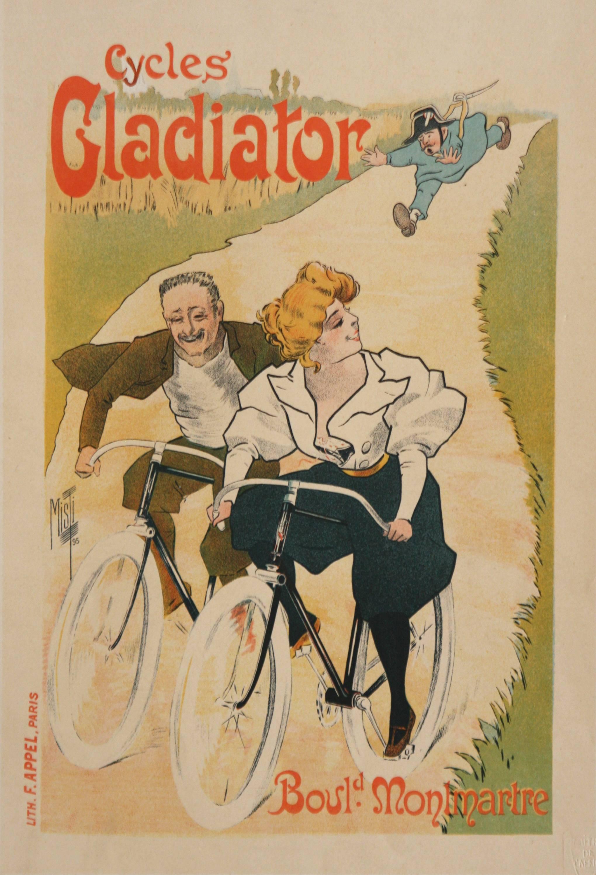 Ferdinand Misti-Mifliez
Cycles Gladiator 
color lithograph
11.25 x 15.50
Cycles Gladiator-Maitres de l'Affiche-Plate 86 by Ferdinand Misti-Mifliez shows a woman and a man riding down the boulevard with a gendarme in hot pursuit.  This lithograph is