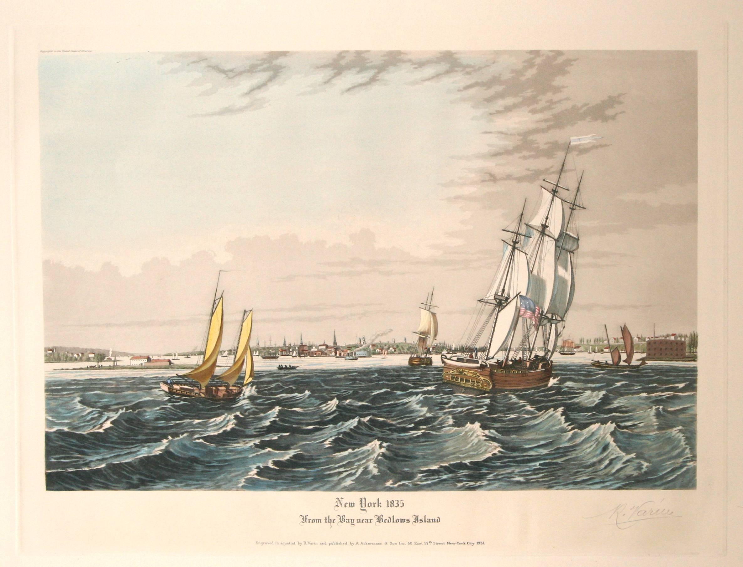 Raoul Varin Landscape Print - New York in 1835 from the Bay near Bellows Island