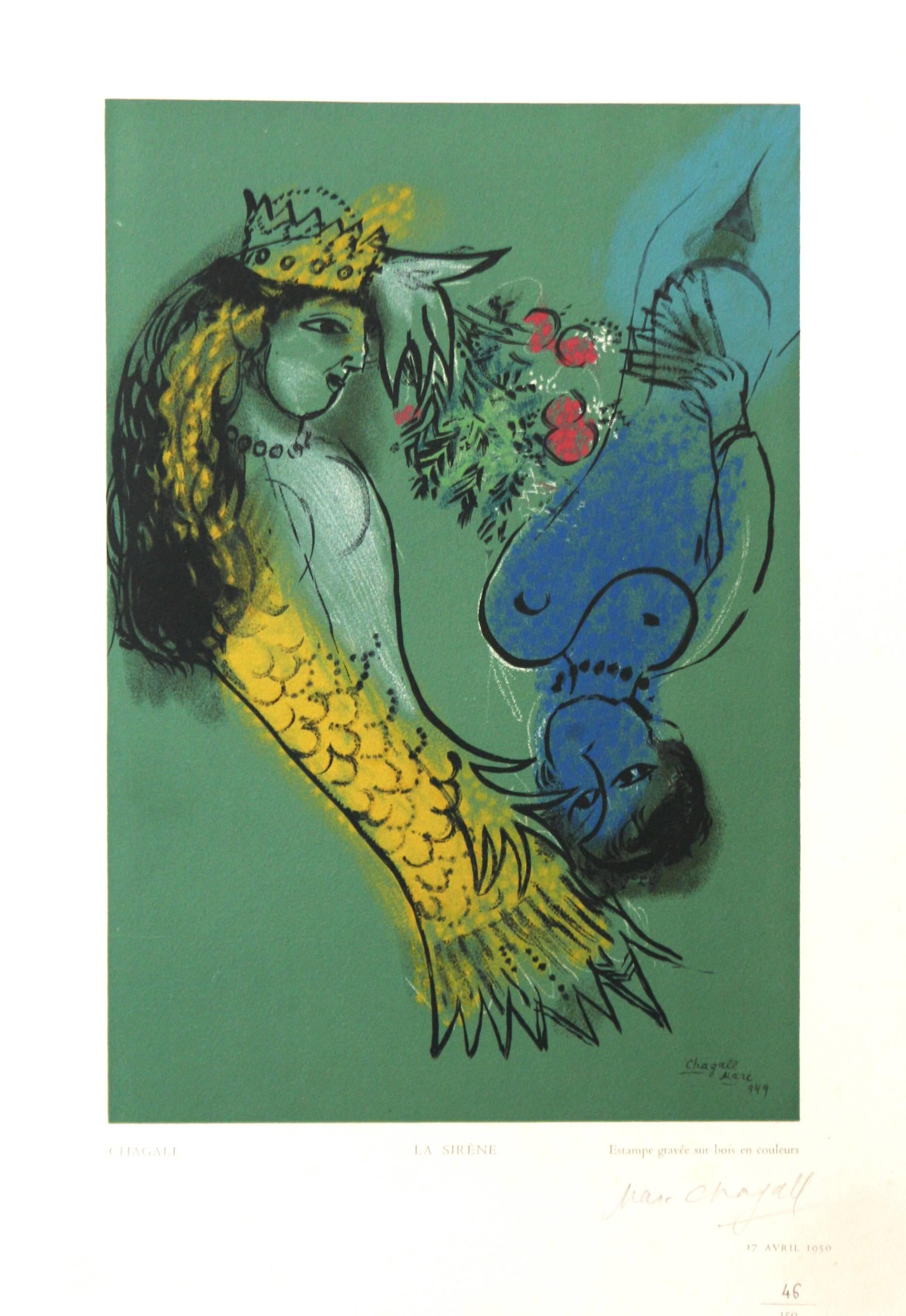 (after) Marc Chagall Figurative Print - "La Sirène" Chagall wood engraving  pencil signed from Estampes Robert Rey 1950