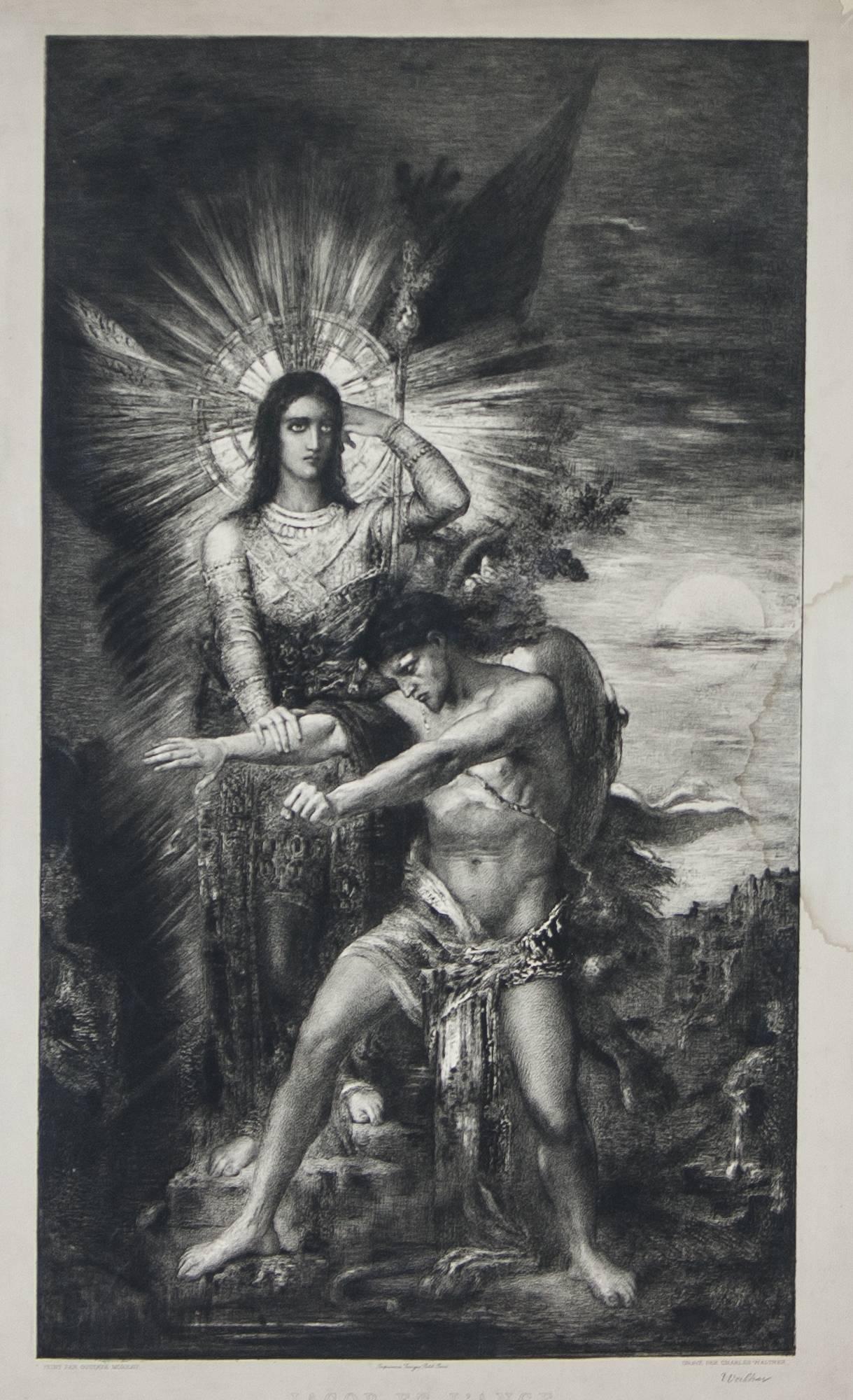 Jacob et L'ange (aft.) Gustave Moreau engraved C.A. Waltner  circa 1800's