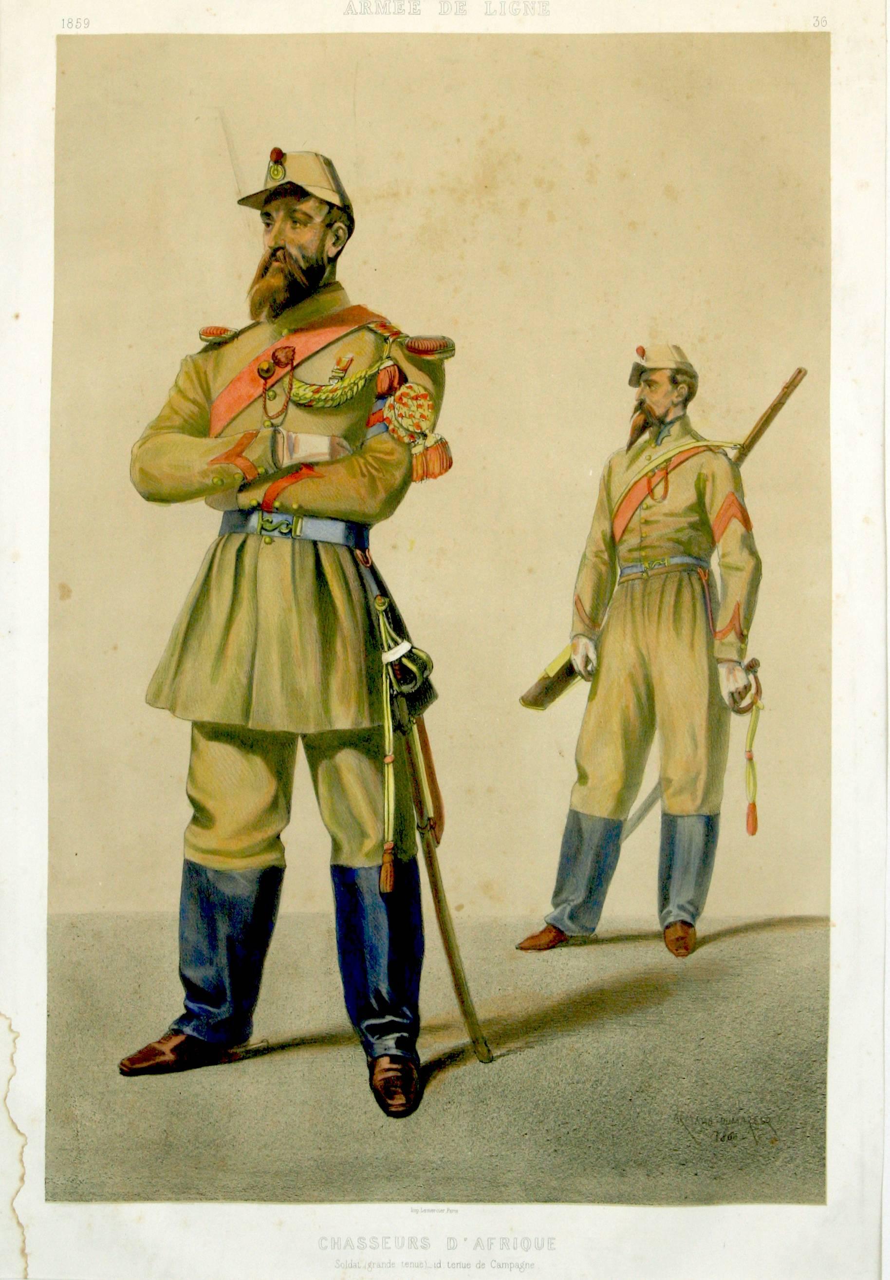 Chasseurs d'Afrique, Armee de Ligne  Lithographie de pub. Lemercier 1861
