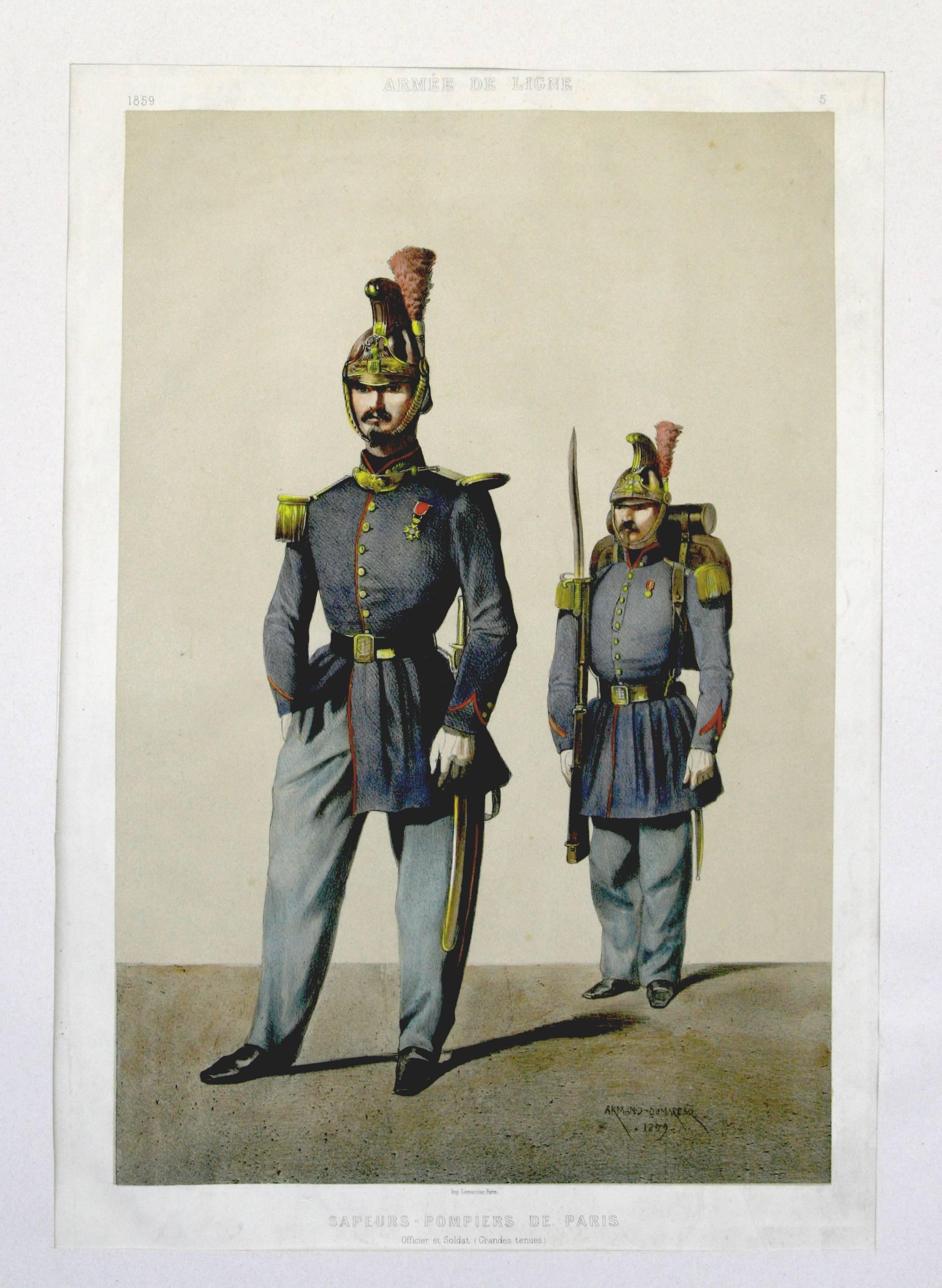 Édouard Armand-Dumaresq Print - Sapeurs- Pompiers De Paris, Armee de Ligne pub. Lemercier lithograph 1861