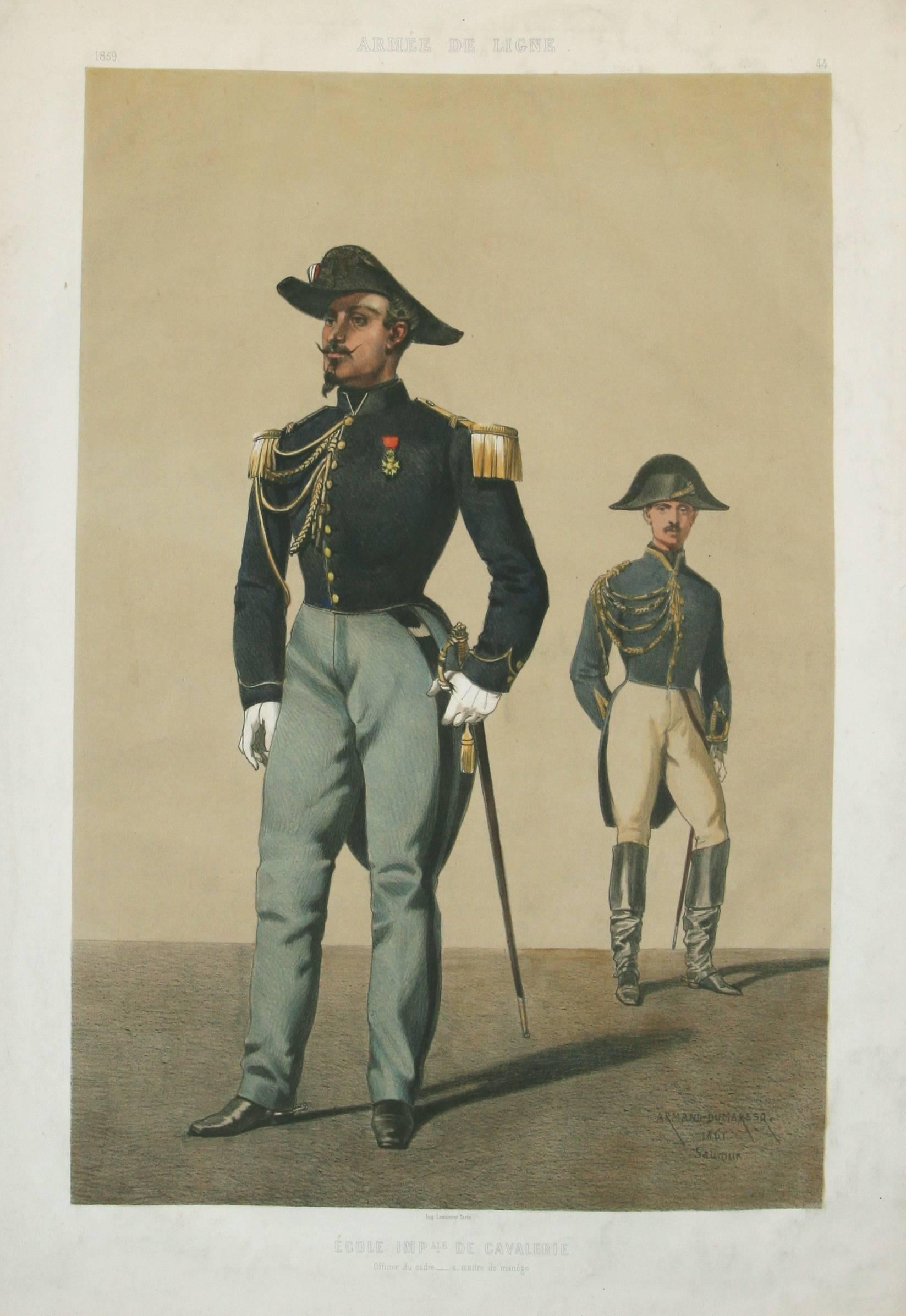 Édouard Armand-Dumaresq Figurative Print - Ecole Imp.DE Cavalerie, Officier du Cadre Armee De Ligne pub. Lemercier 1861