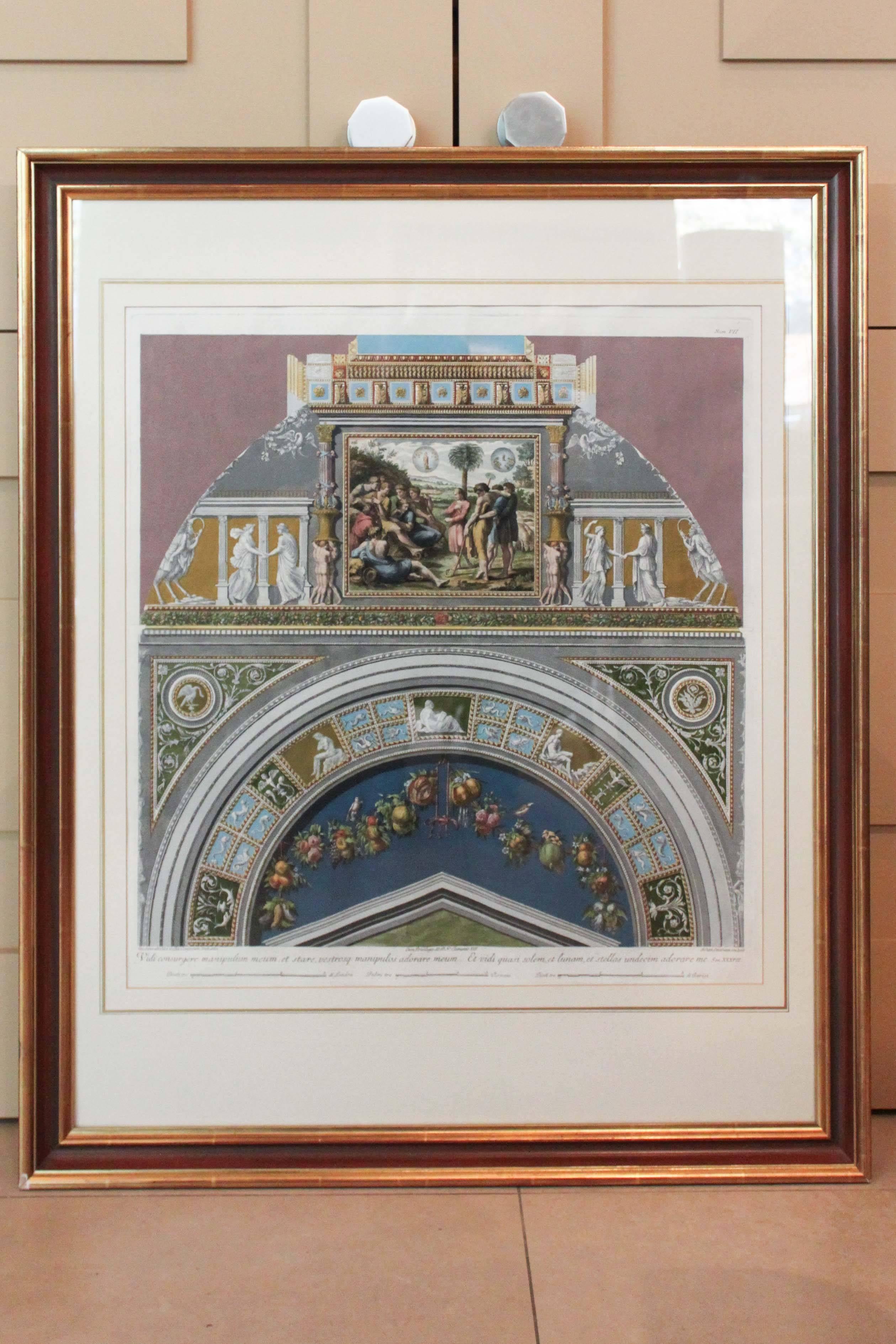 Set of six engravings out of a complete thirteen available. Colourful neoclassical works after Raphael of the Vatican Loggia. Professionally mounted and framed with minor losses/irregularities in frame and minor wave in some of the prints consistent