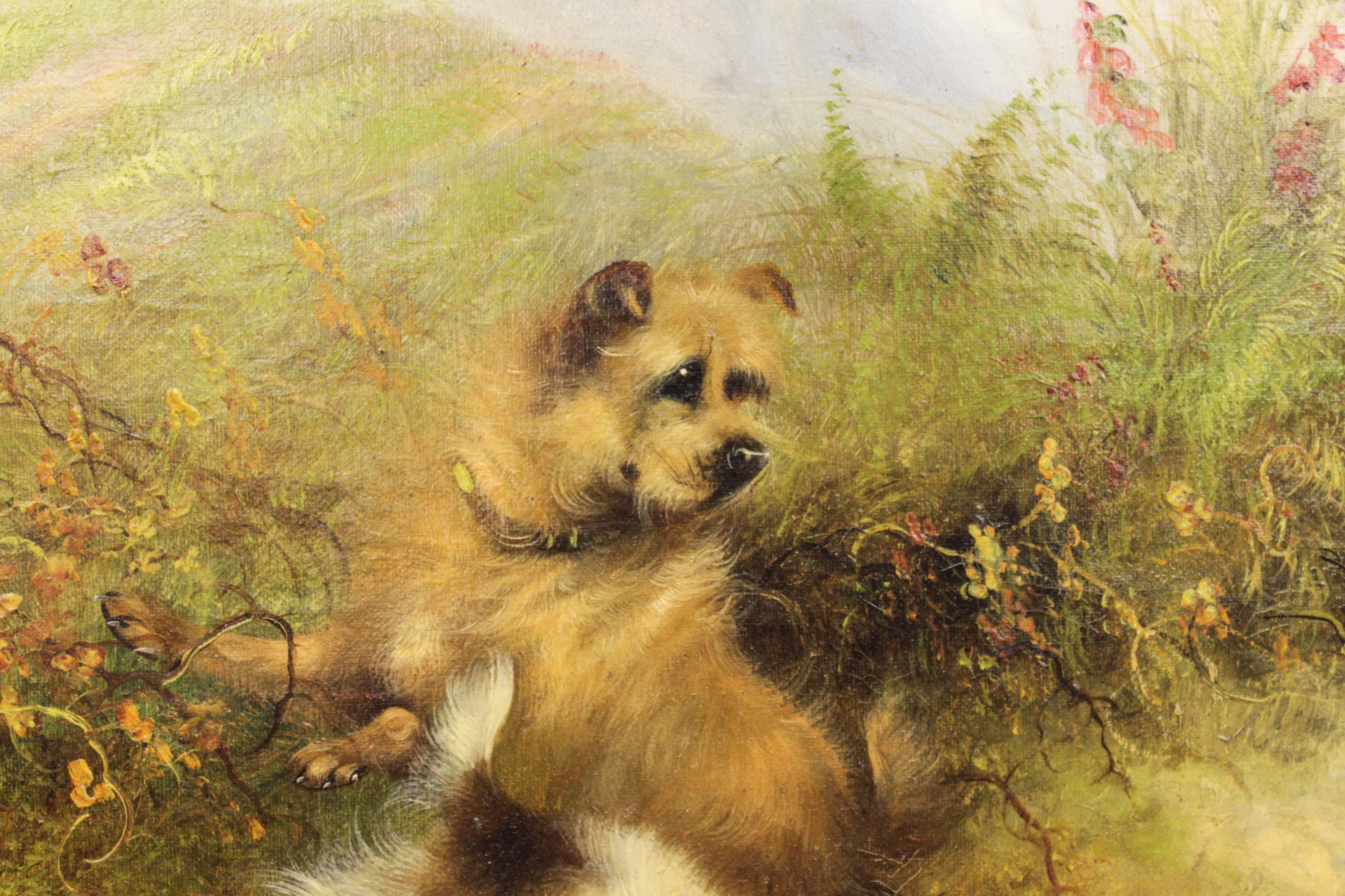 Terriers Rabbiting - Brown Animal Painting by Frank W. Cassell