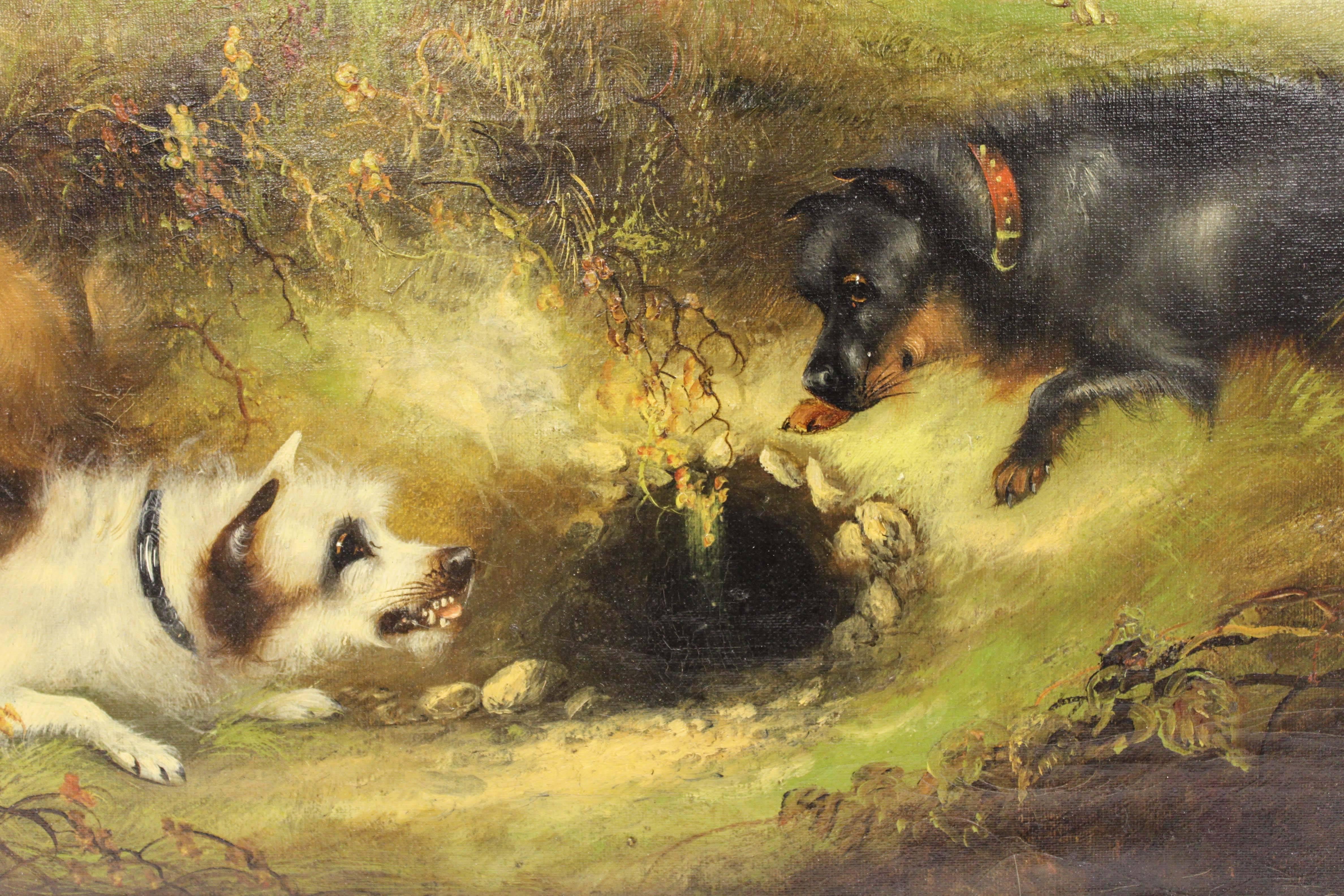 Terriers Rabbiting - Romantic Painting by Frank W. Cassell