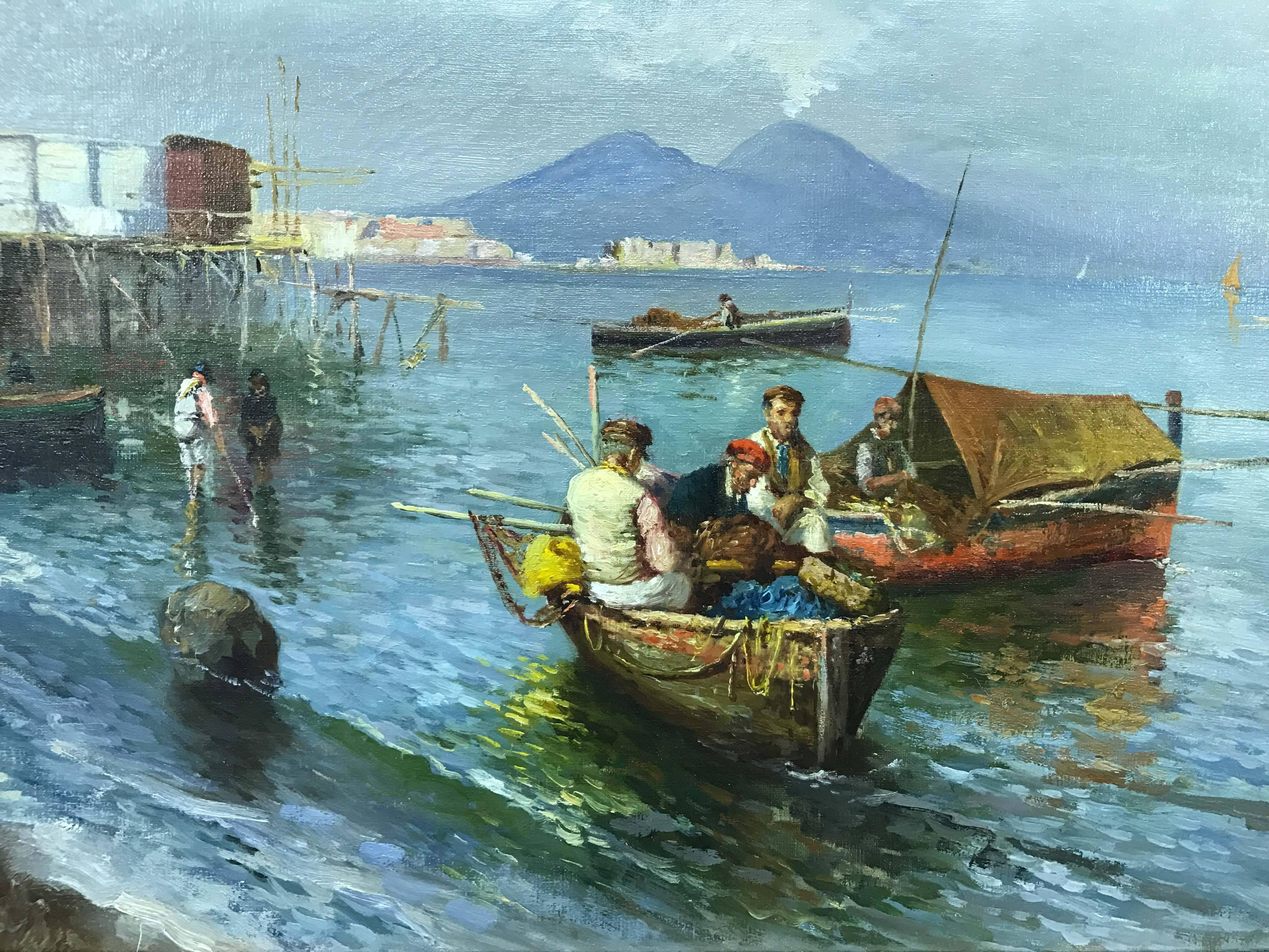 Fishing Boats in the Bay of Naples, Signed Napoli - Painting by Unknown