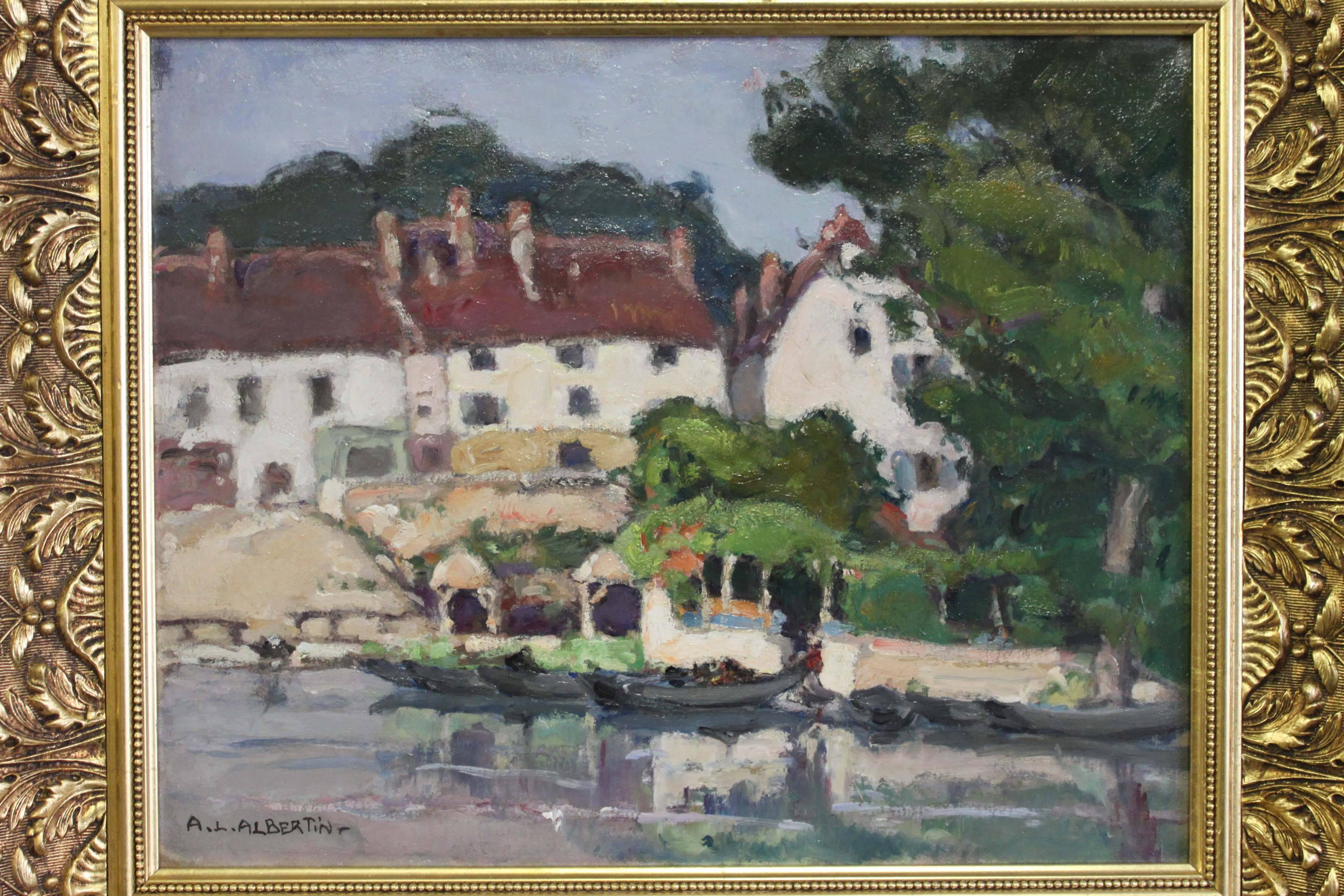 Impressionist French Village Scene - Brown Landscape Painting by A.L. Albertin