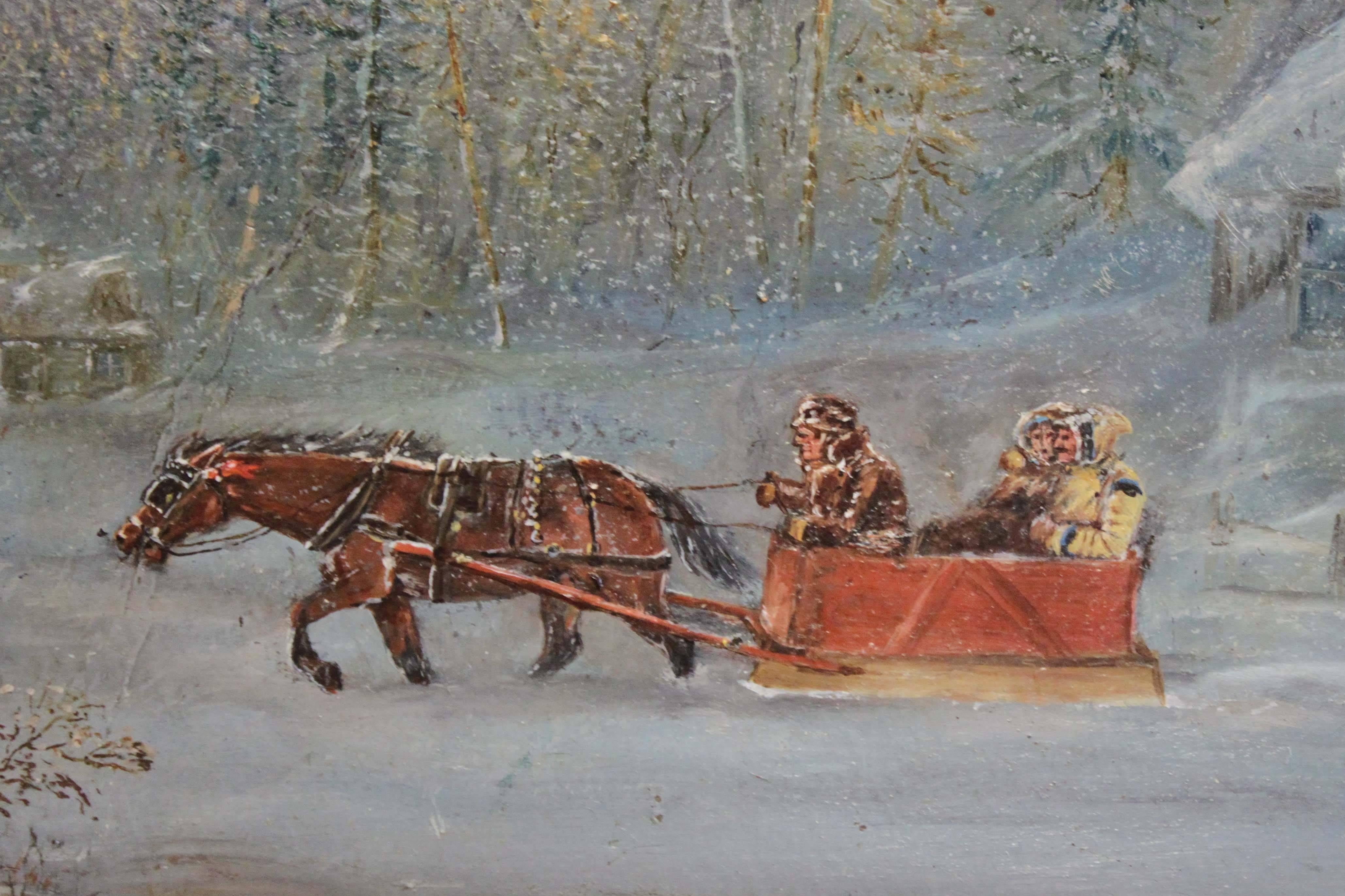 A beautiful oil on board depicting a Quebec winter scene of a horse-drawn sleigh. Unsigned, in the style of C. Krieghoff (1815-1872).