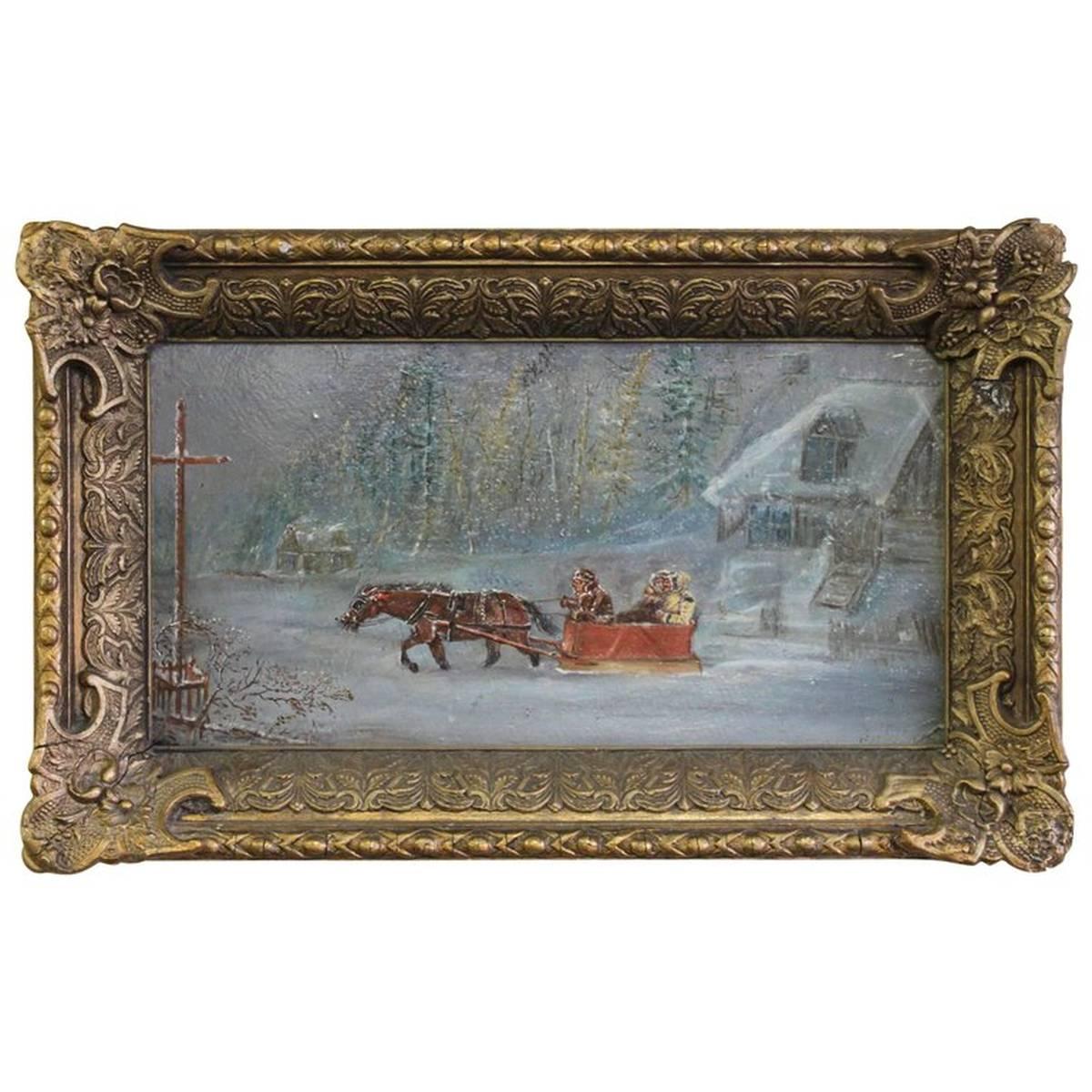 Unknown Figurative Painting - Habitants in a Sleigh in the Manner of C. Krieghoff