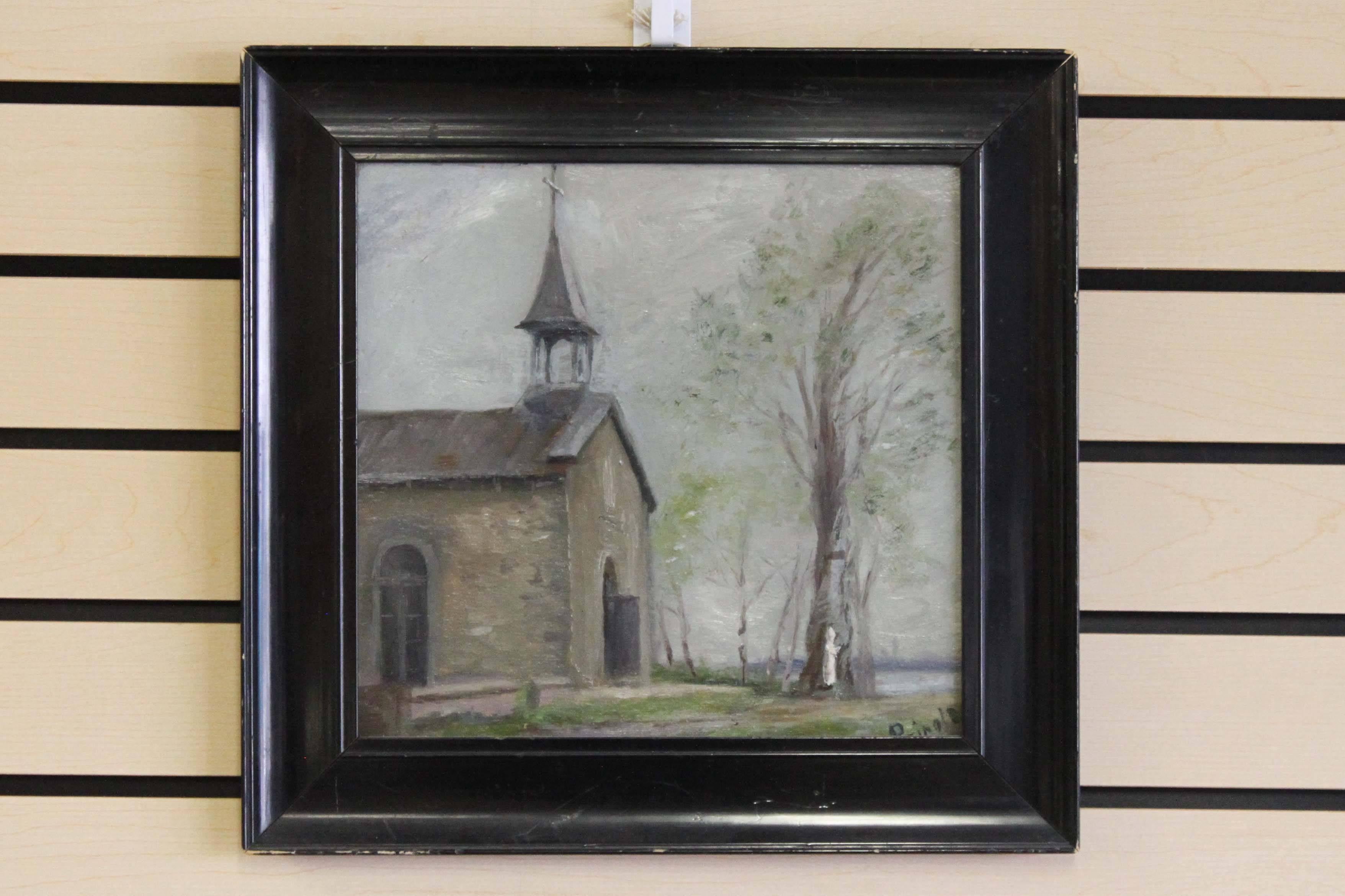 'A Country Church' by Annie Pringle (1867-1945), Canadian. An oil on board of a country church in Eastern Canada. In original ebonized frame. Signed bottom right, measurements are of board.

