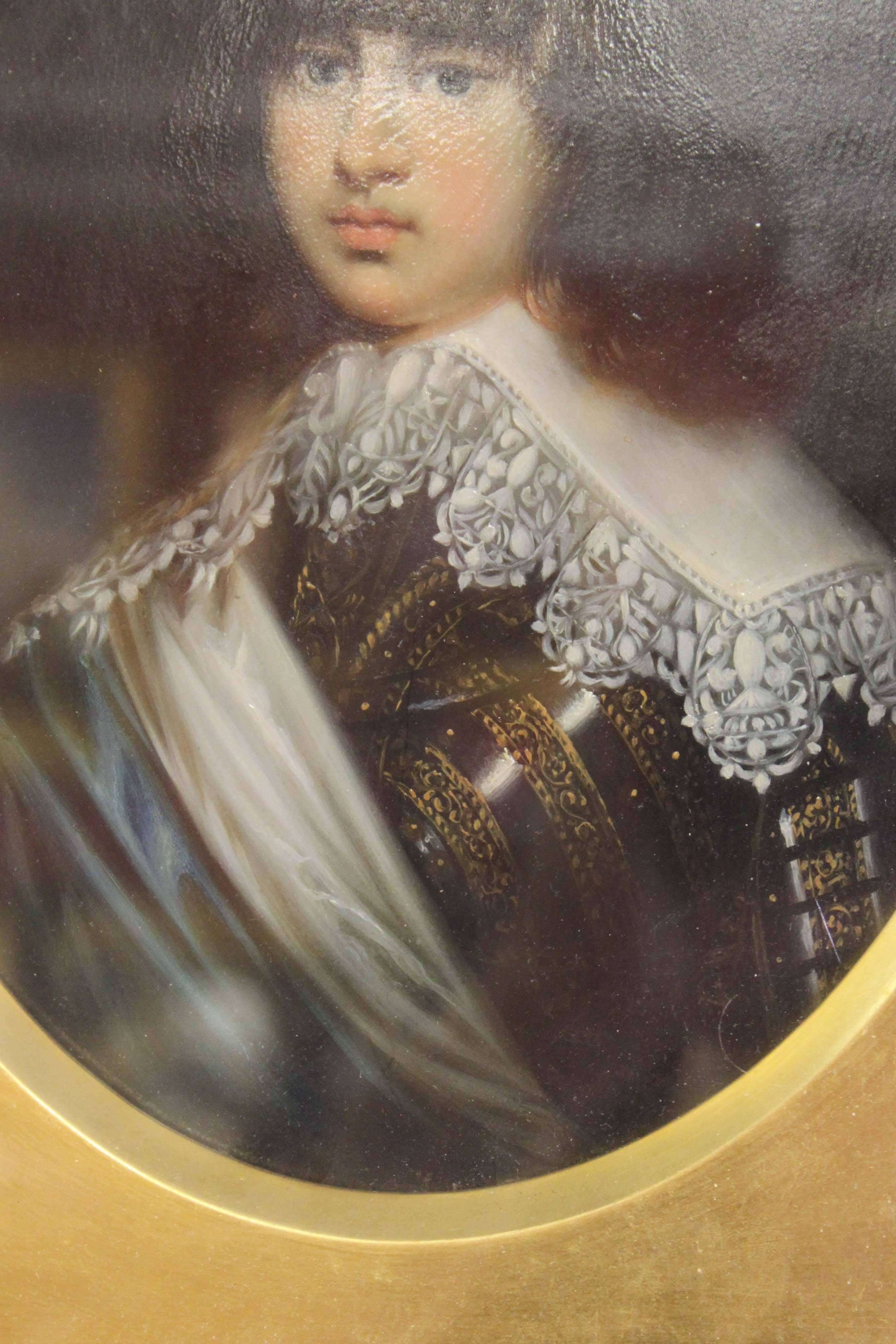 This is a copy by Sastermans of a 17th century painting, entitled the ‘Young Prince of Denmark’. Oil painting on panel, under glass in a gold leaf frame.
