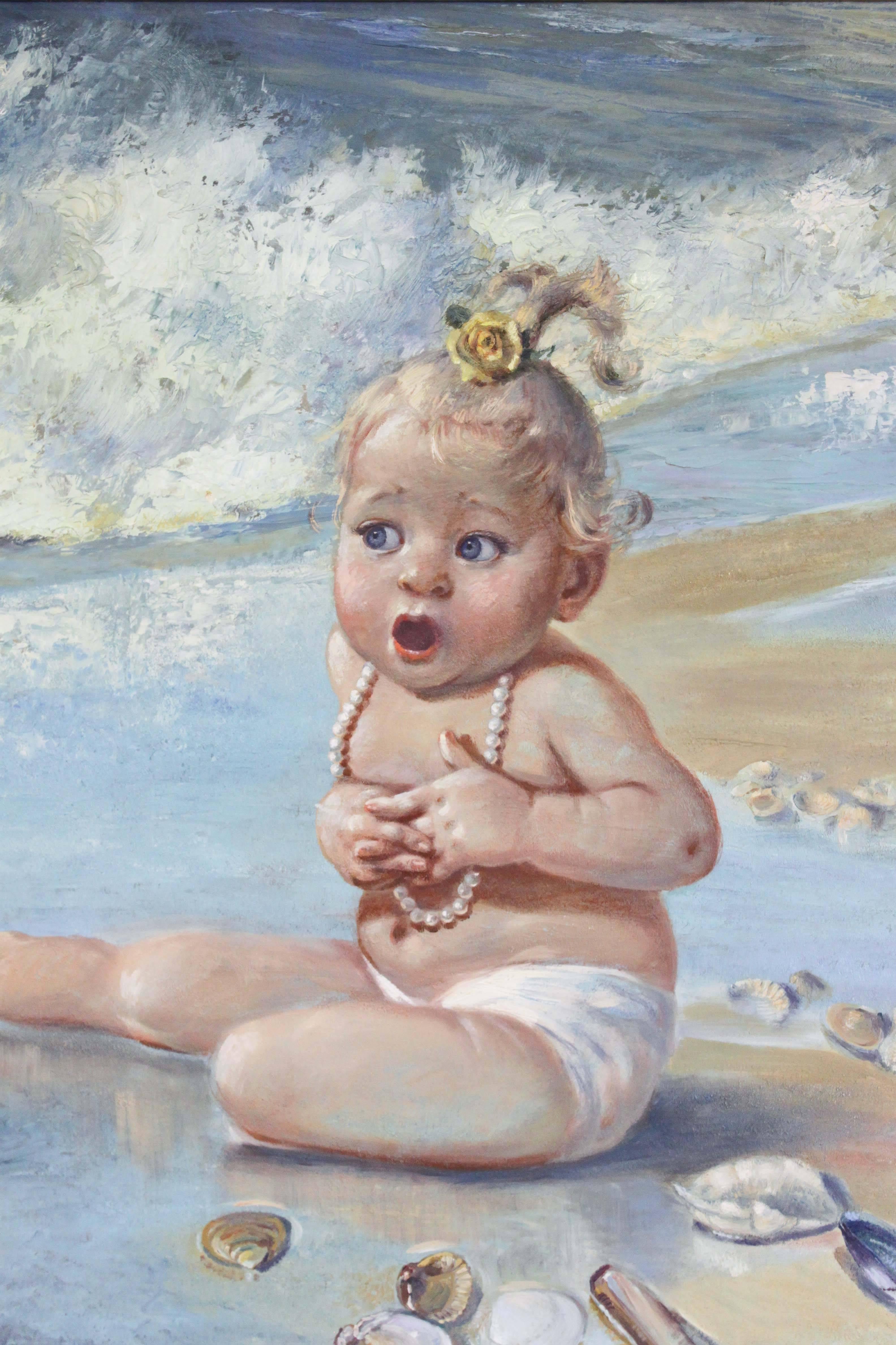 This is a great oil on board painting of a child on the beach by Indonesian/Dutch artist Josephine Augusta Elisabeth Pluim Mentz. Pluim-Mentz exhibited in the Hague and Montreux, France. Signed and inscribed verso., dated 1969.