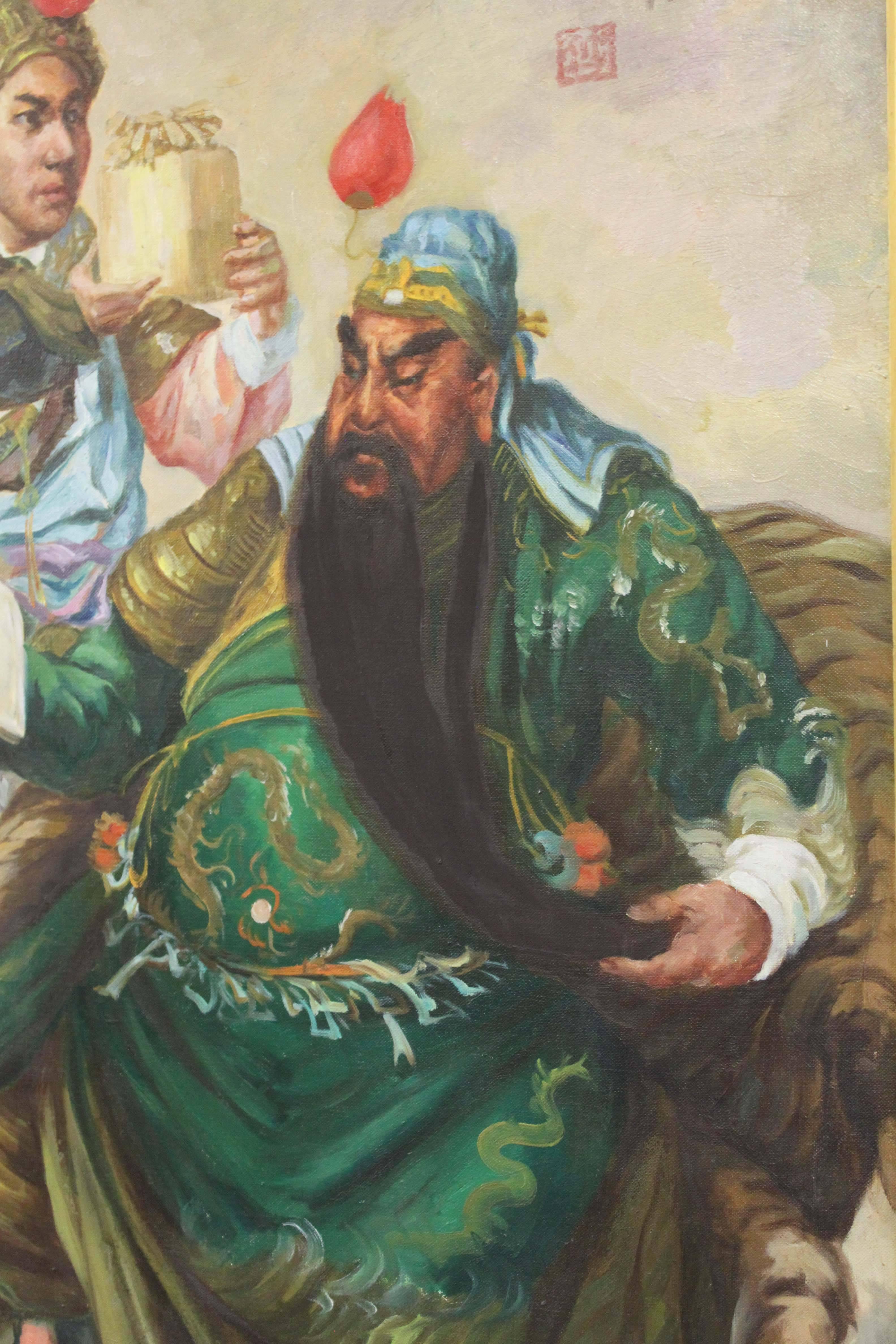 A large oil painting of Guan Yu, a general under the warlord Liu Bei during the late Eastern Han Dynasty and Three Kingdoms era of China. He played a significant role in the civil war that led to the collapse of the Han dynasty and the establishment