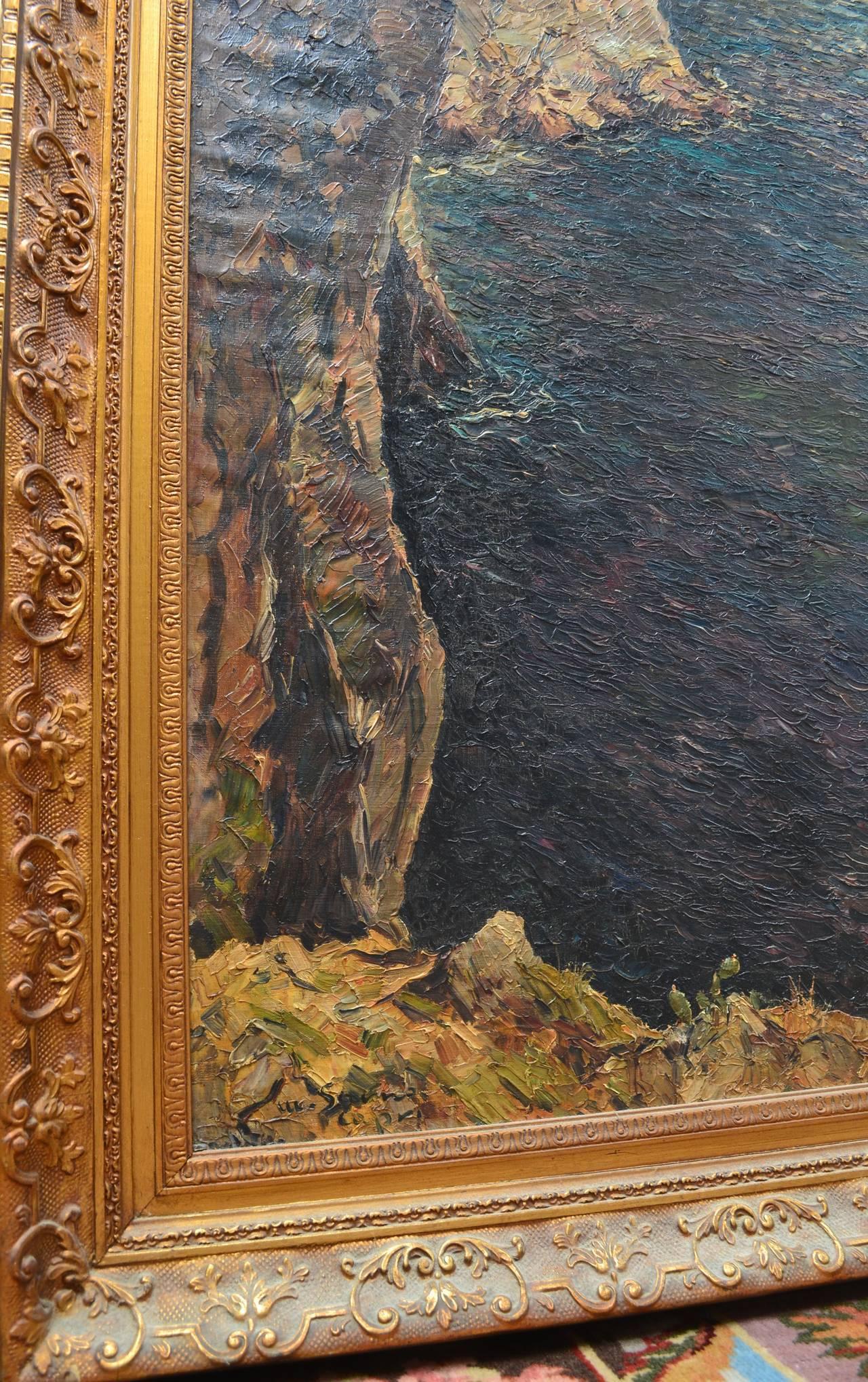 An oil painting of the Isle of Capri, showing rocky cliffs and a colorful sea painted in the impressionist style. The painting is titled 'Capri' and is signed Matteo Sarno (Italian, 1895-1957), likely painted circa 1930. Gilt frame is suspected to