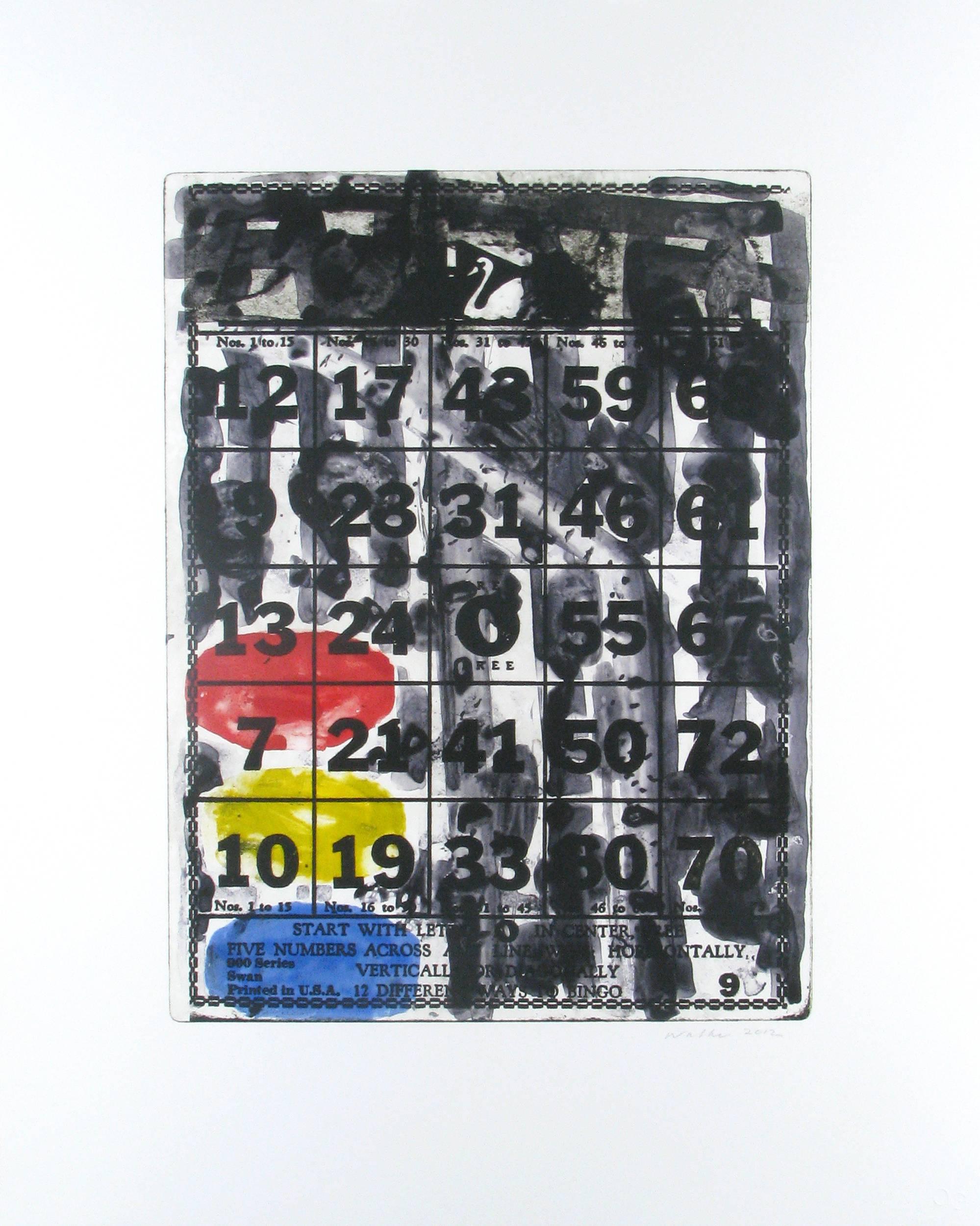 John Walker Abstract Print - "Colorado Cross #5", monoprint, bingo, painterly, red, yellow, blue, black