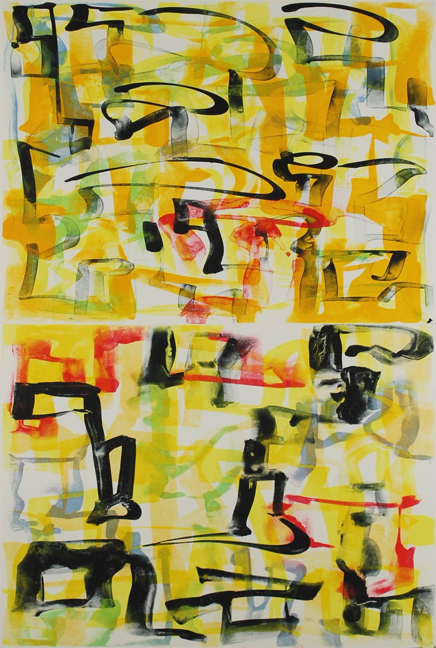 Melissa Meyer Abstract Print - "The Chief VI", abstract gestural monoprint, yellow, red, green, black
