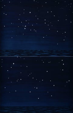 "Blue Night Sky Diptych", blue aquatint, dark, night sky, ocean, stars