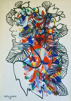 René Portocarrero, Mujer con pájaro, técnica mixta, 1979.