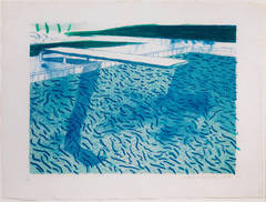 Lithograph of water made of thick and thin lines and two light blue washes