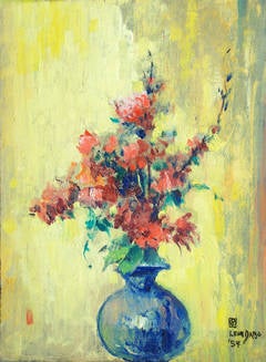 Vintage Blue Vase with Spring Flowers