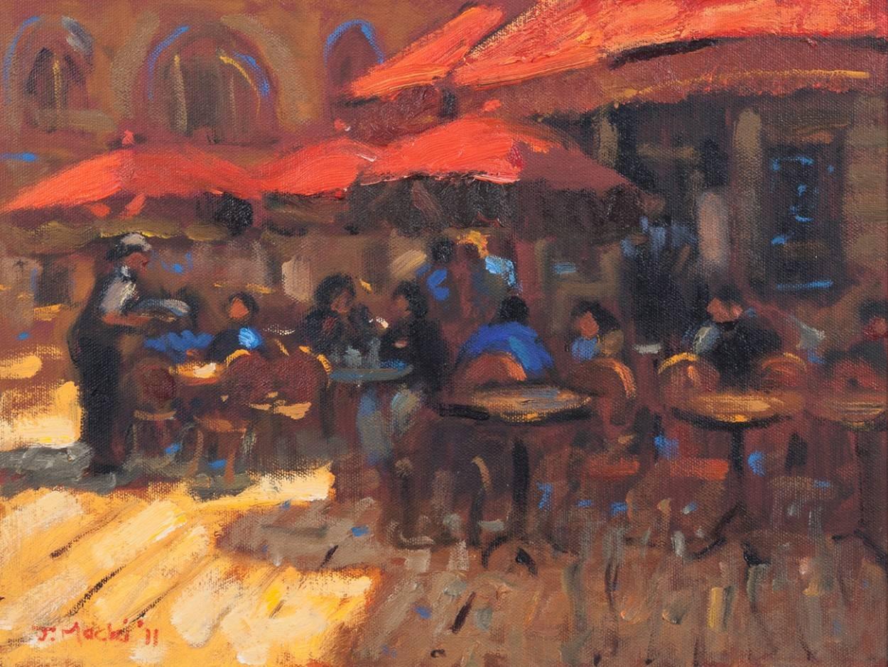 Late 20th Century Oil on Canvas Cafe Scene by John Mackie - Painting by John Mackie (b.1955)