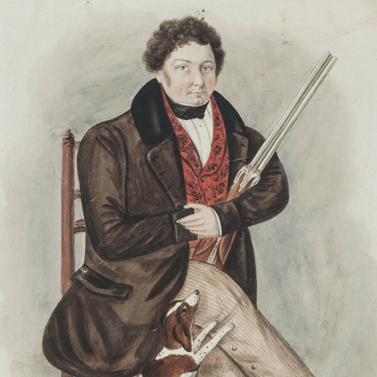 Early 19th Century watercolour in a naive manner of a country gentleman, with a shotgun and a small dog, seated on a ladder backed chair. It is within a mahogany frame.

The picture measures approximately 32cm by 25.5cm and the frame measures 45cm