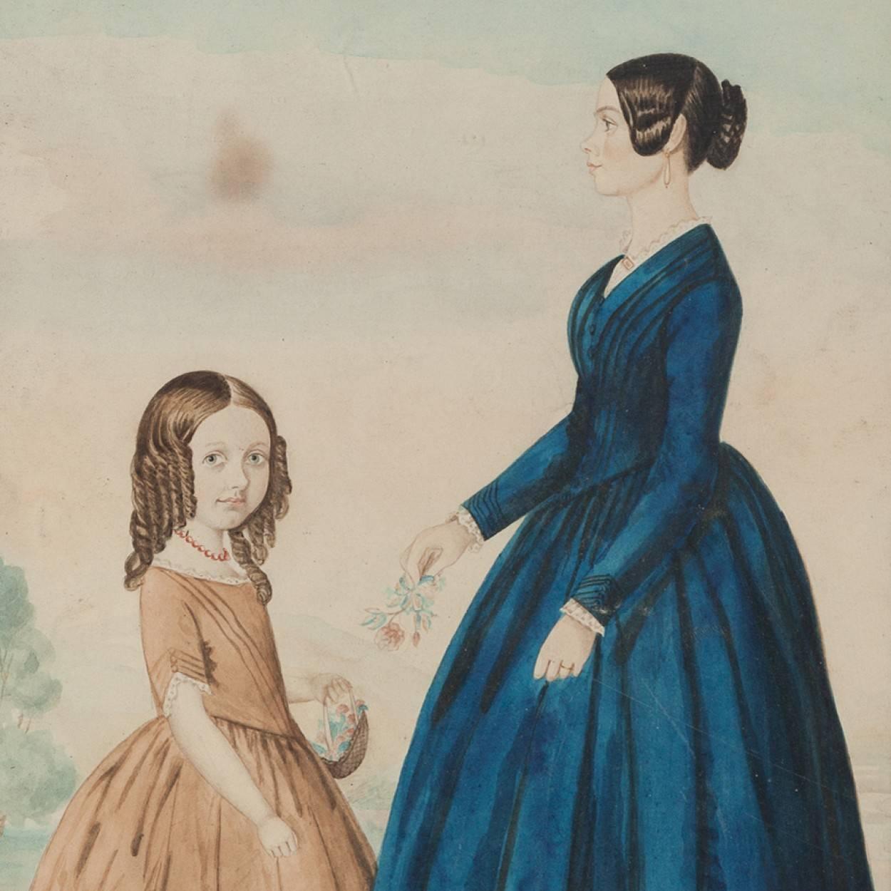 This is a fine early 19th century primitive watercolour of a lady and child in elegant attire. 

The picture measures approximately 29cm by 21cm. The frame measures 39cm by 30cm.
