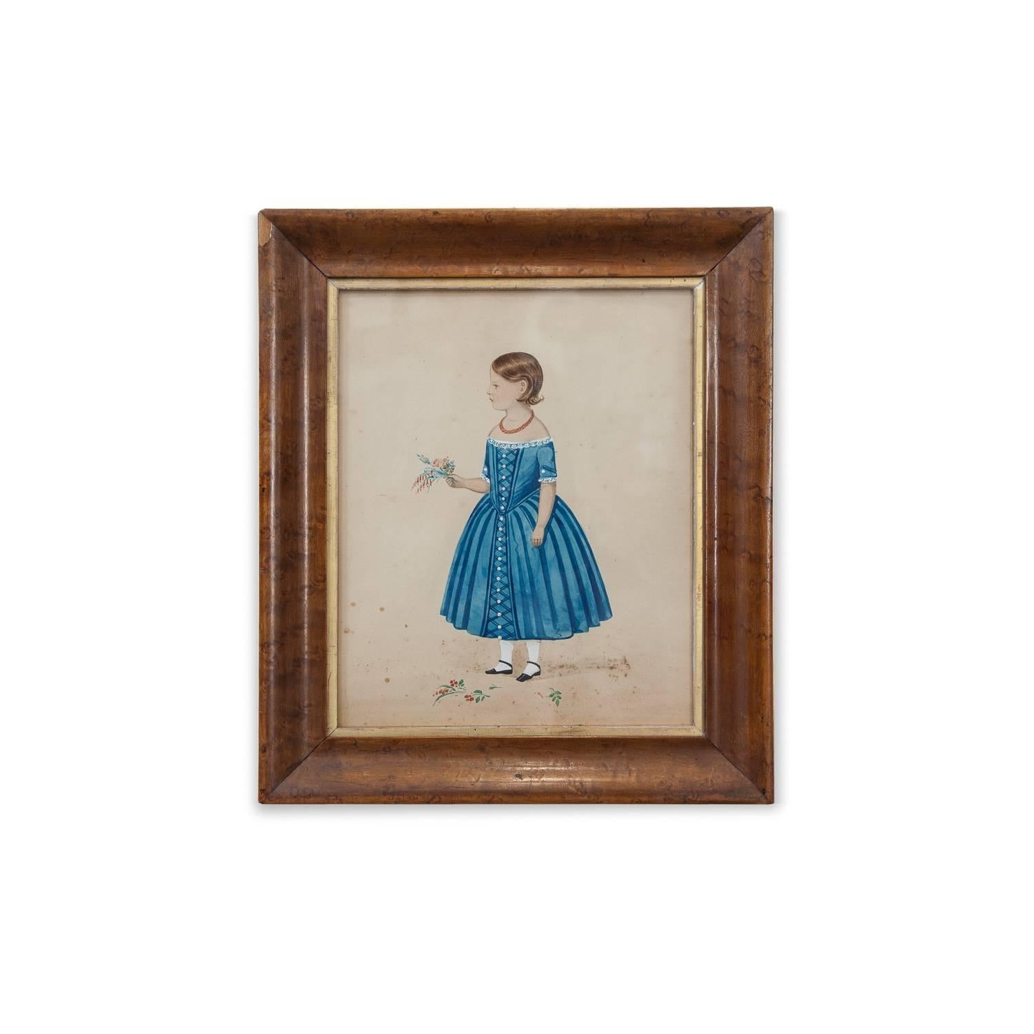 Mid 19th Century Watercolour of a Girl in a Blue Dress, circa 1840 - Art by Unknown