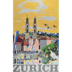 Max Hunziker Zurich Original Retro Travel Poster Switzerland City View Skiing