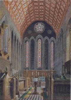 Antique George Pyne Jesus College, Cambridge, Pugin Chapel 1856 watercolour