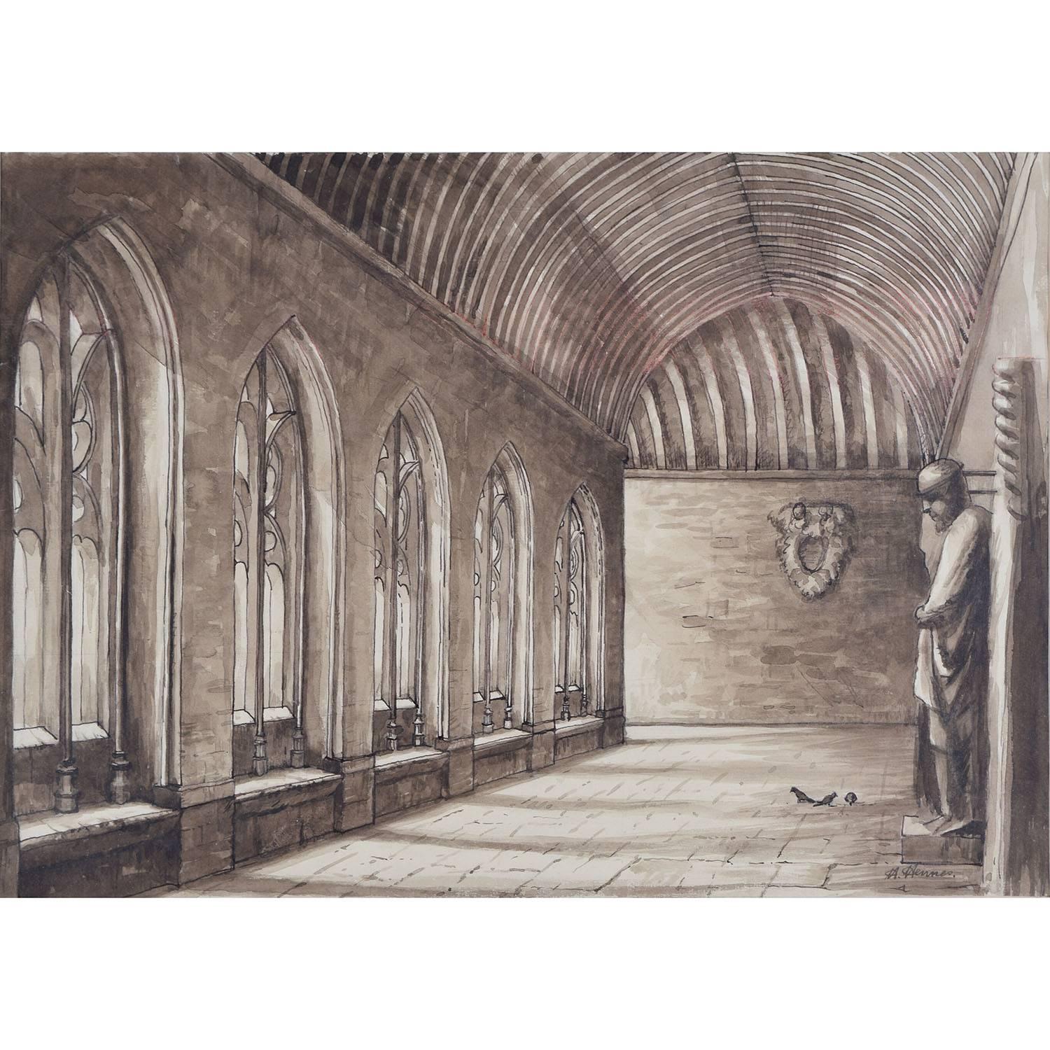 Hubert Hennes New College Oxford Cloisters watercolour