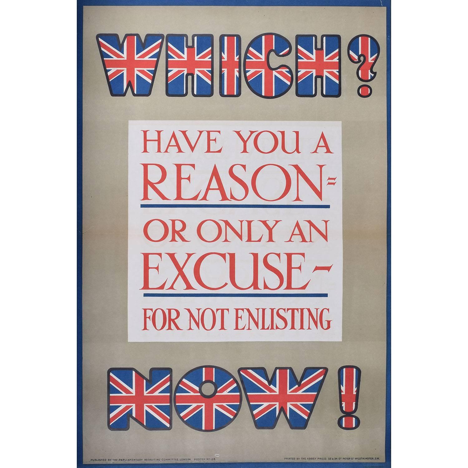 Haben Sie einen Grund für die Nicht-Anmeldung? Britisches Recruitment-Poster aus dem Ersten Weltkrieg