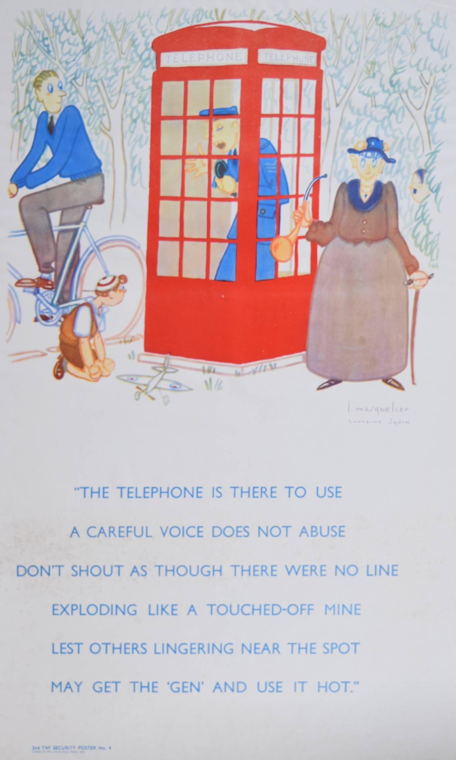 Le chiacchiere incaute costano la vita al telefono - Poster originale di propaganda della Seconda Guerra Mondiale - Print di Louis Masquelier 