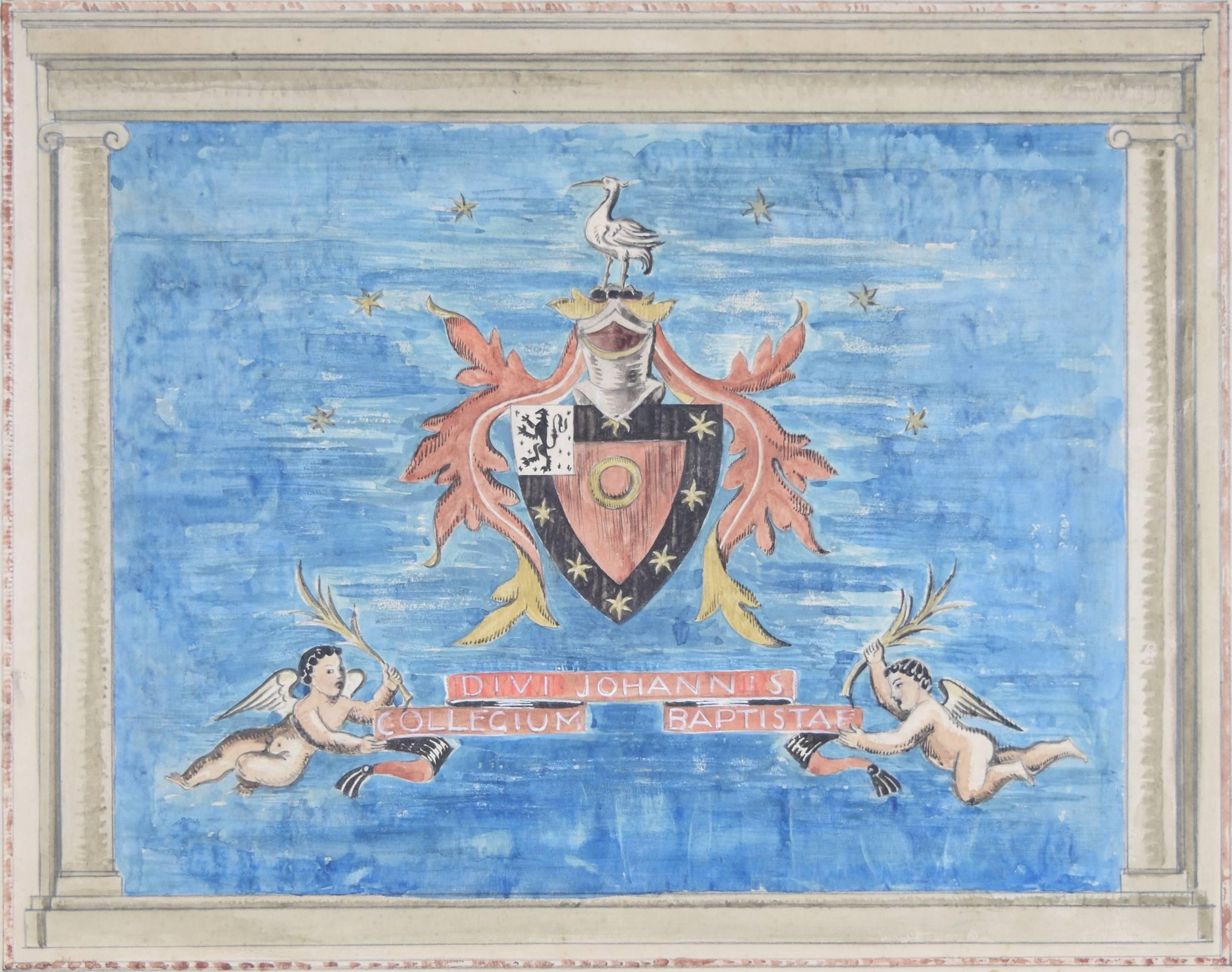Sir Edward Brantwood Maufe KBE RA FRIBA (1883-1974)
Heraldic Design for a carpet for the Senior Common Room, St John’s College Oxford 
Watercolour and ink
Signed and inscribed
Provenance: The estate of Bernard Bumpus
37x46cm (14.5×18.1