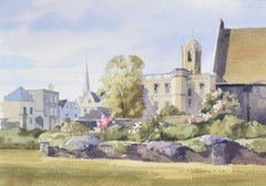 Tom Tower from Memorial Gardens, Christ Church College Oxford  Watercolour