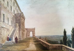 Aquarelle européenne du 19ème siècle « Vue d'une villa italienne »