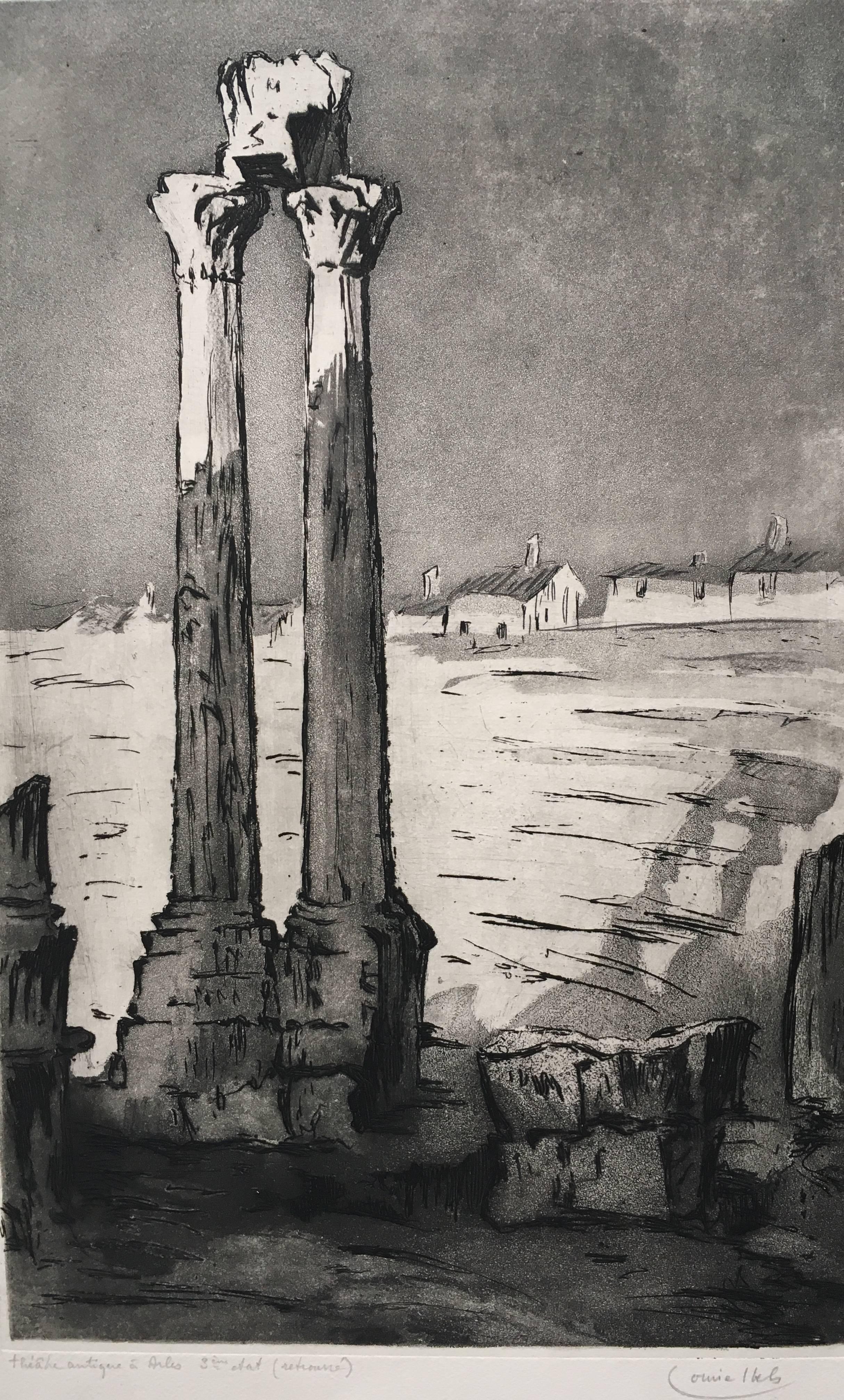 Louise Ibels (1891-1965)
 Théâtre Antique à Arles
Acquaforte e acquatinta
Firmato e intitolato a matita sul margine
Prova del terzo stato
Circa 39 x 25 cm (piatto)

Artista francese nota per le sue incantevoli incisioni, qui cattura il romanticismo