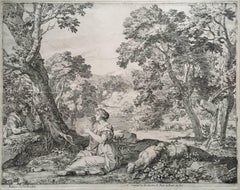 Franciscus de Neve C17 engravings: Landscape with Shepherdess/Echo & Narcissus