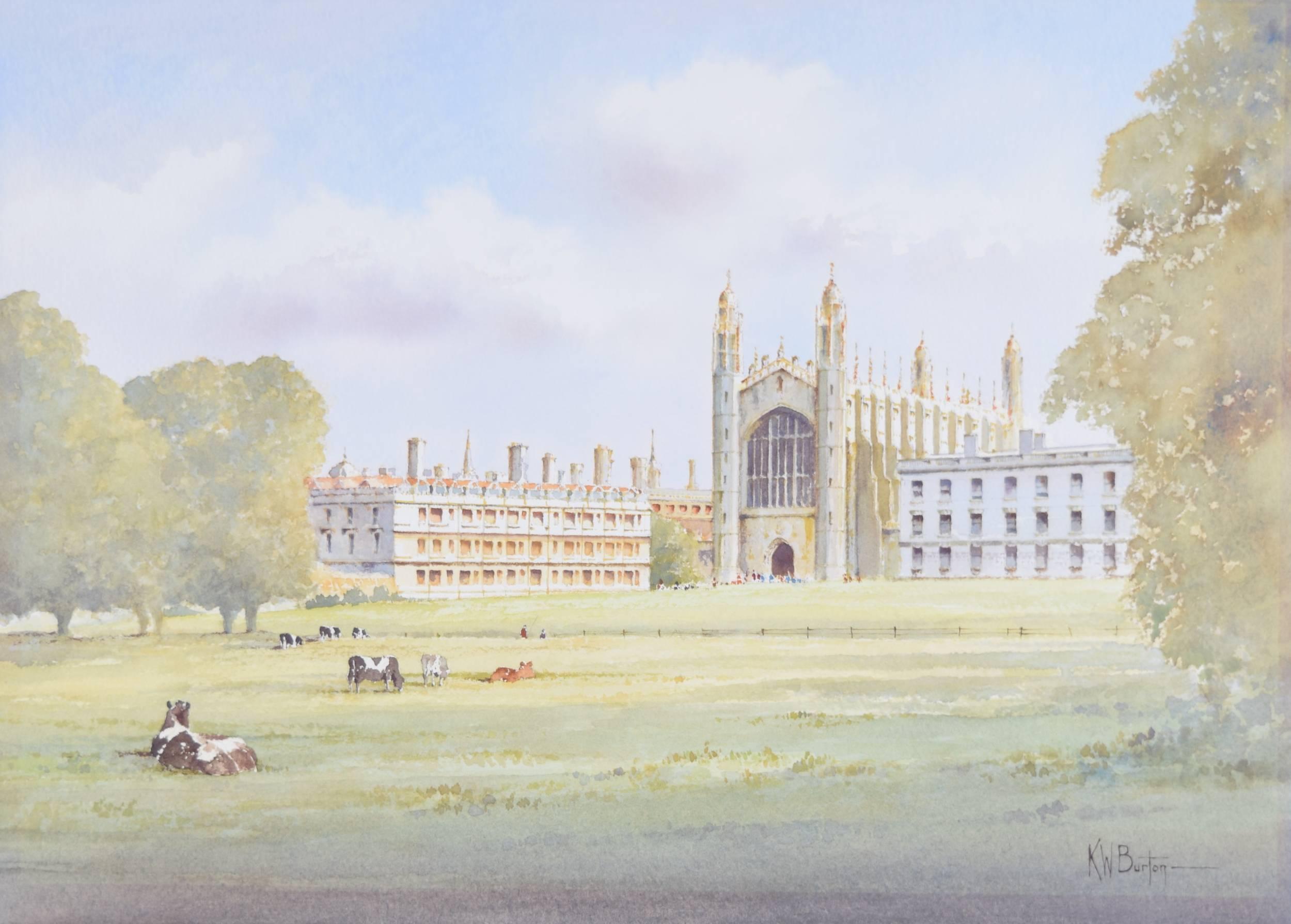 K.W. Burton Landscape Art - King's College Cambridge watercolour: K W Burton (British, late 20th century)