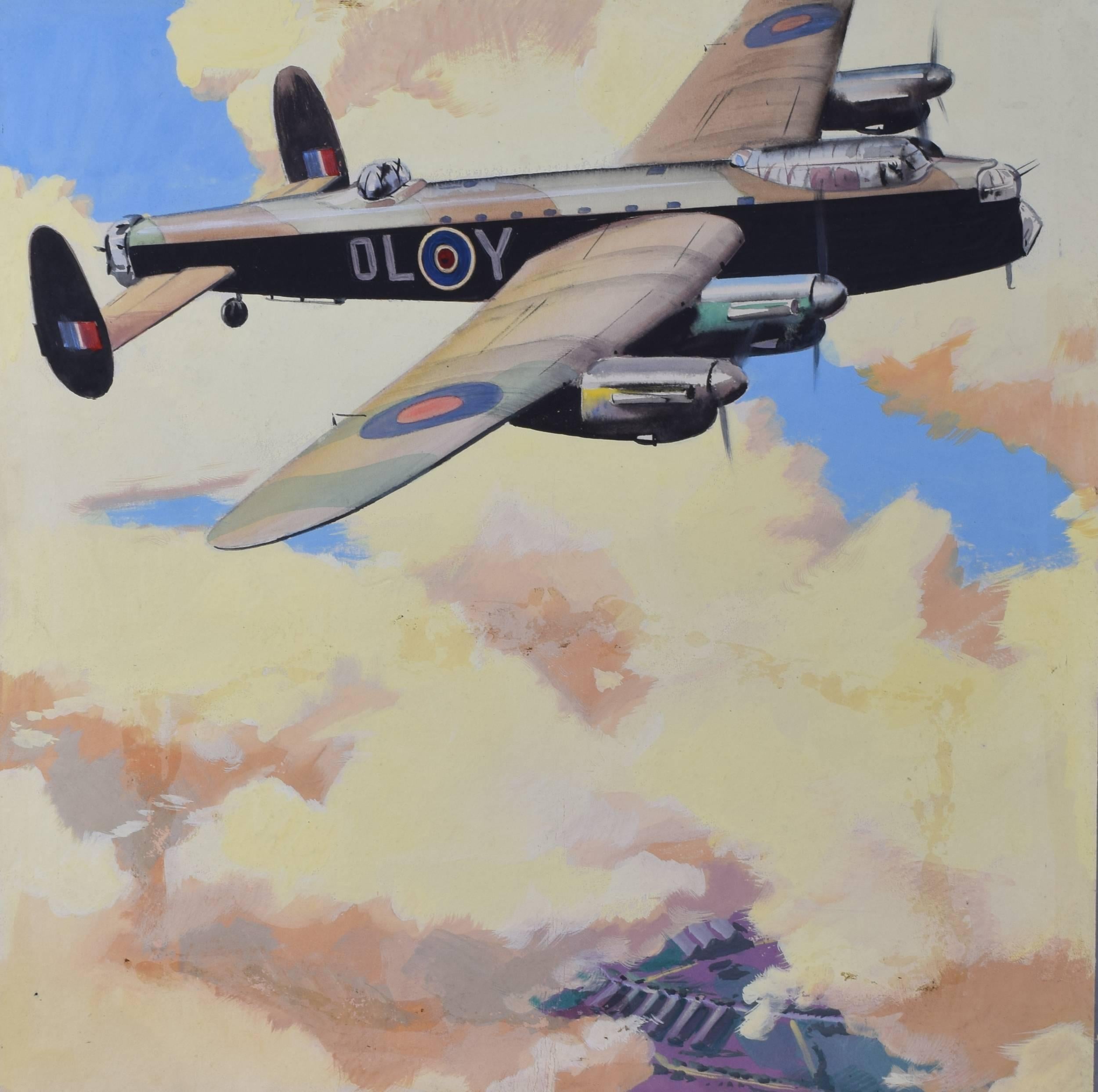 Bendell-Bayly Bombardero Lancaster de la RAF diseño original al óleo para cartel de la 2ª Guerra Mundial - Painting de Ernest Bendell-Bayly