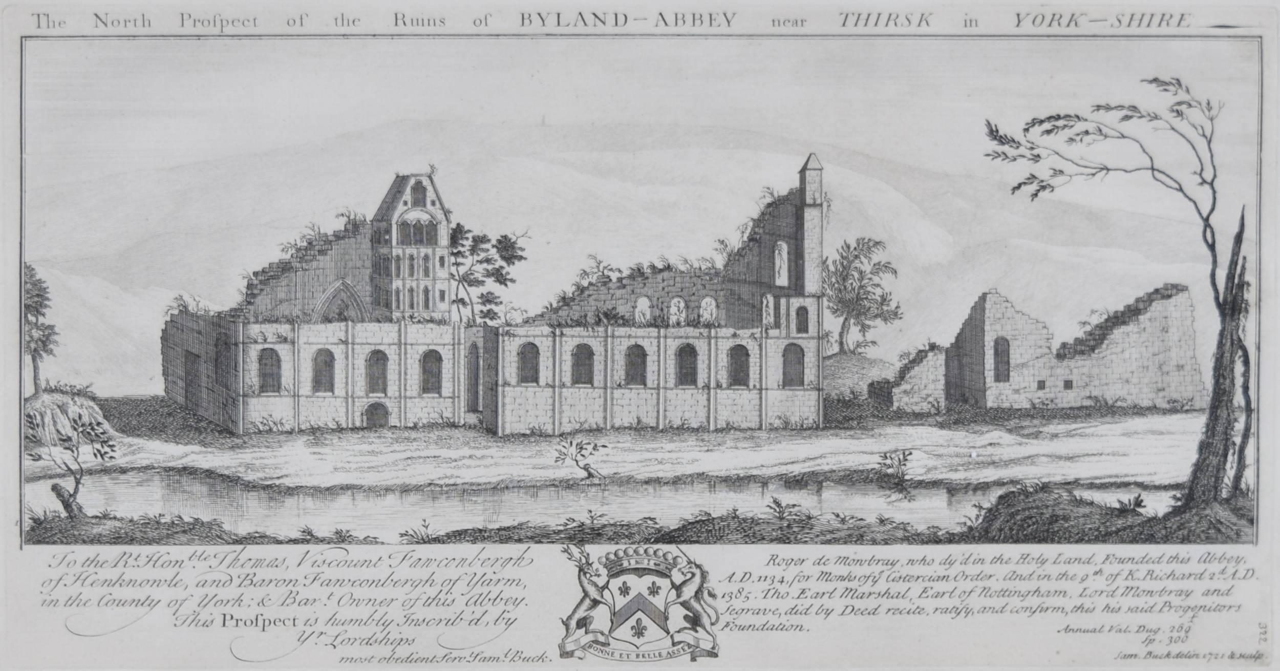 Byland Abbey Yorkshire UK - 1770 engraving by Samuel & Nathaniel Buck