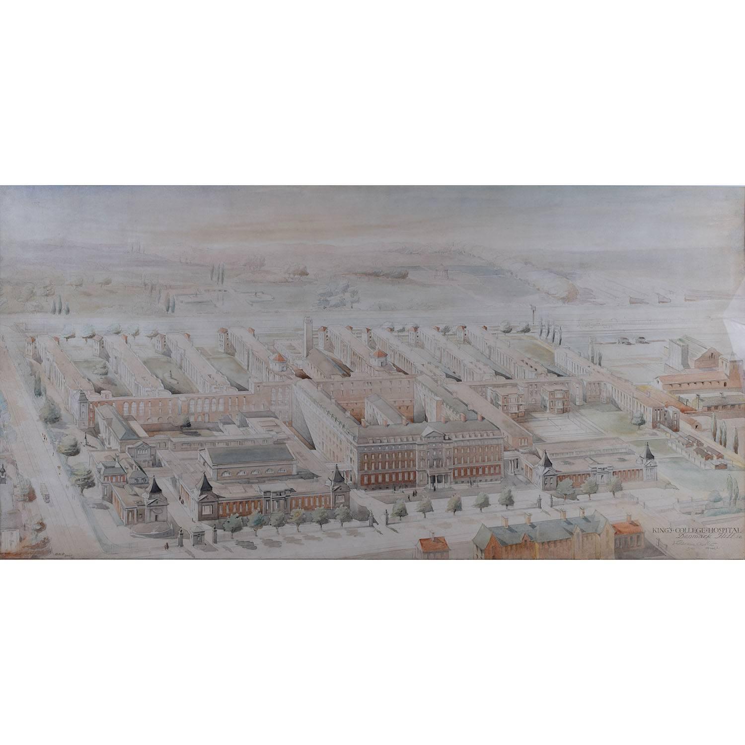 THE ARCHITECT'S ORIGINAL PROPOSAL FOR KING'S COLLEGE HOSPITAL

William Alfred Pite (1860-1949)
King`s College Hospital, Denmark Hill general bird`s-eye view (1913)
Initialled H.M.F., signed and titled by William A. Pite F.R.I.B.A. (1860-1949), lower